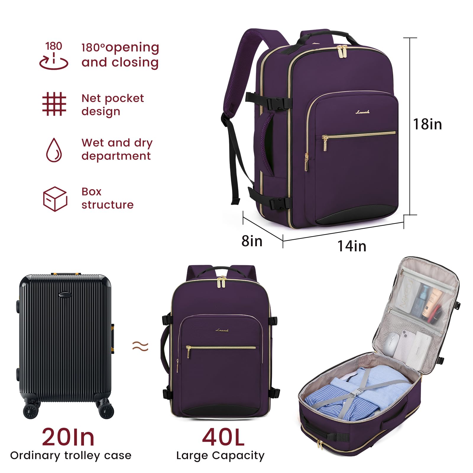 Foto 3 | Mochila De Viaje Lovevook 40l Para Ordenador Portátil De 17 Pulgadas Para Mujer Y Hombre, Color Morado - Venta Int