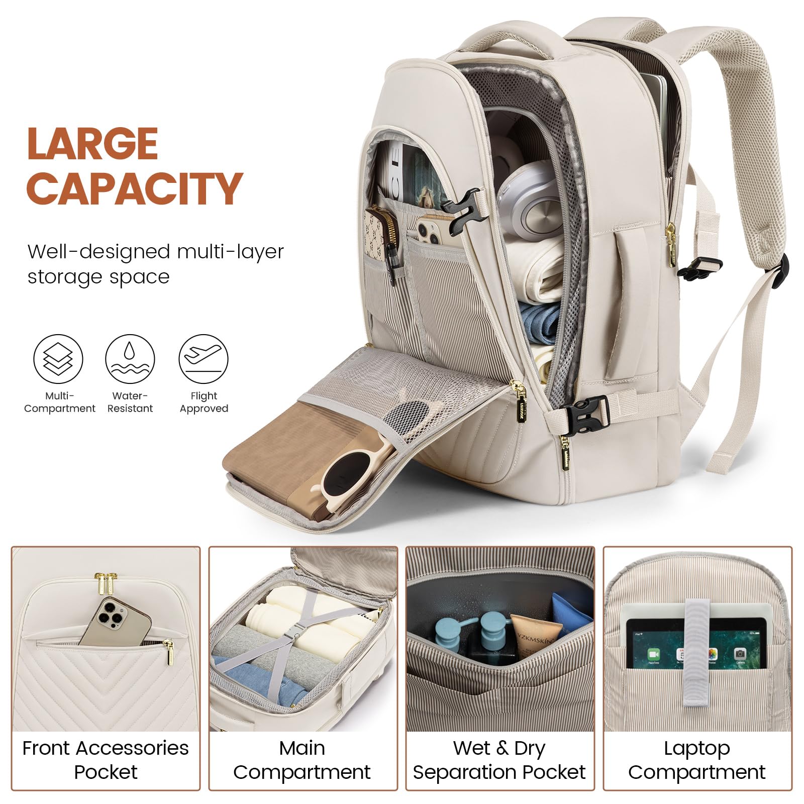 Foto 5 pulgar | Mochila De Viaje Lovevook Para Mujer De 40 Litros Con Portátil De 17,3 Pulgadas, Color Beige - Venta Internacional.