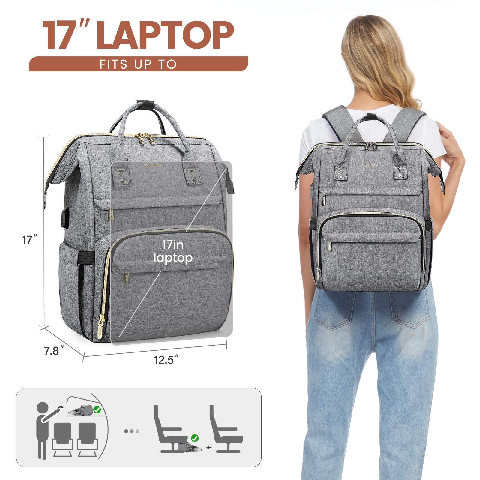 Foto 6 pulgar | Mochila Para Portátil Lovevook Para Mujer, 17 Pulgadas, Impermeable, Gris - Venta Internacional.