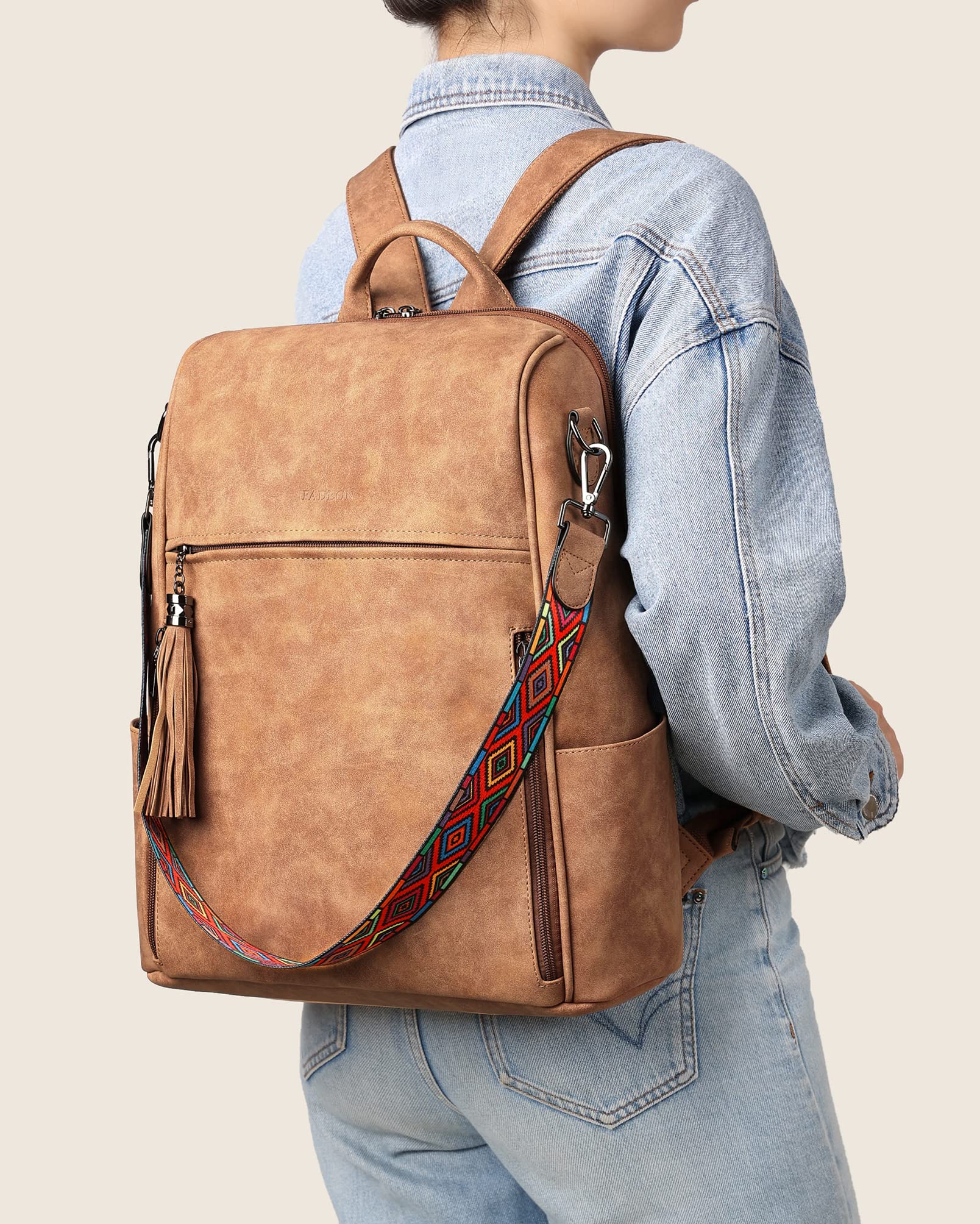 Foto 3 pulgar | Mochila Para Portátil Fadeon Leather 15.6'' Para Mujer, Color Marrón - Venta Internacional.