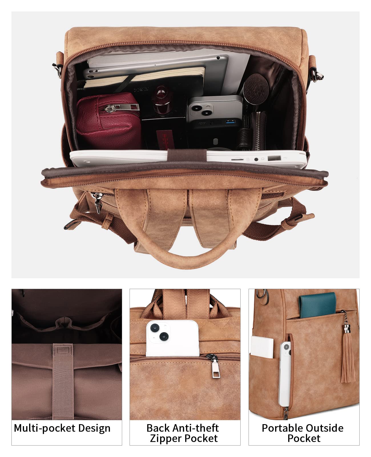Foto 4 pulgar | Mochila Para Portátil Fadeon Leather 15.6'' Para Mujer, Color Marrón - Venta Internacional.