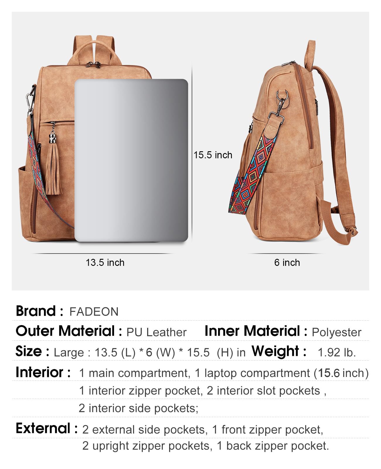 Foto 5 pulgar | Mochila Para Portátil Fadeon Leather 15.6'' Para Mujer, Color Marrón - Venta Internacional.