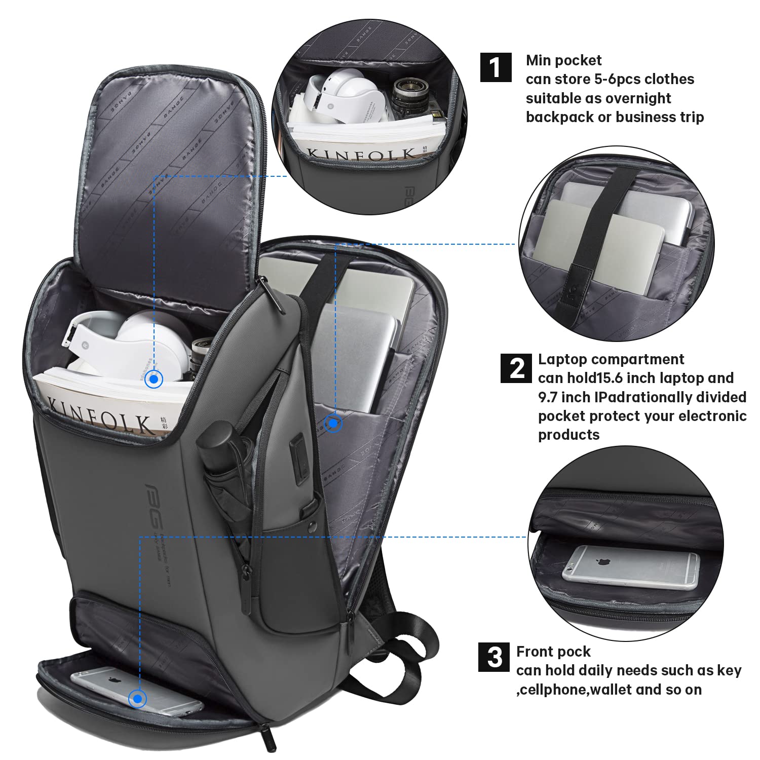 Foto 3 pulgar | Mochila Bange Business Laptop Smart 15.6'' Impermeable Gris - Venta Internacional.
