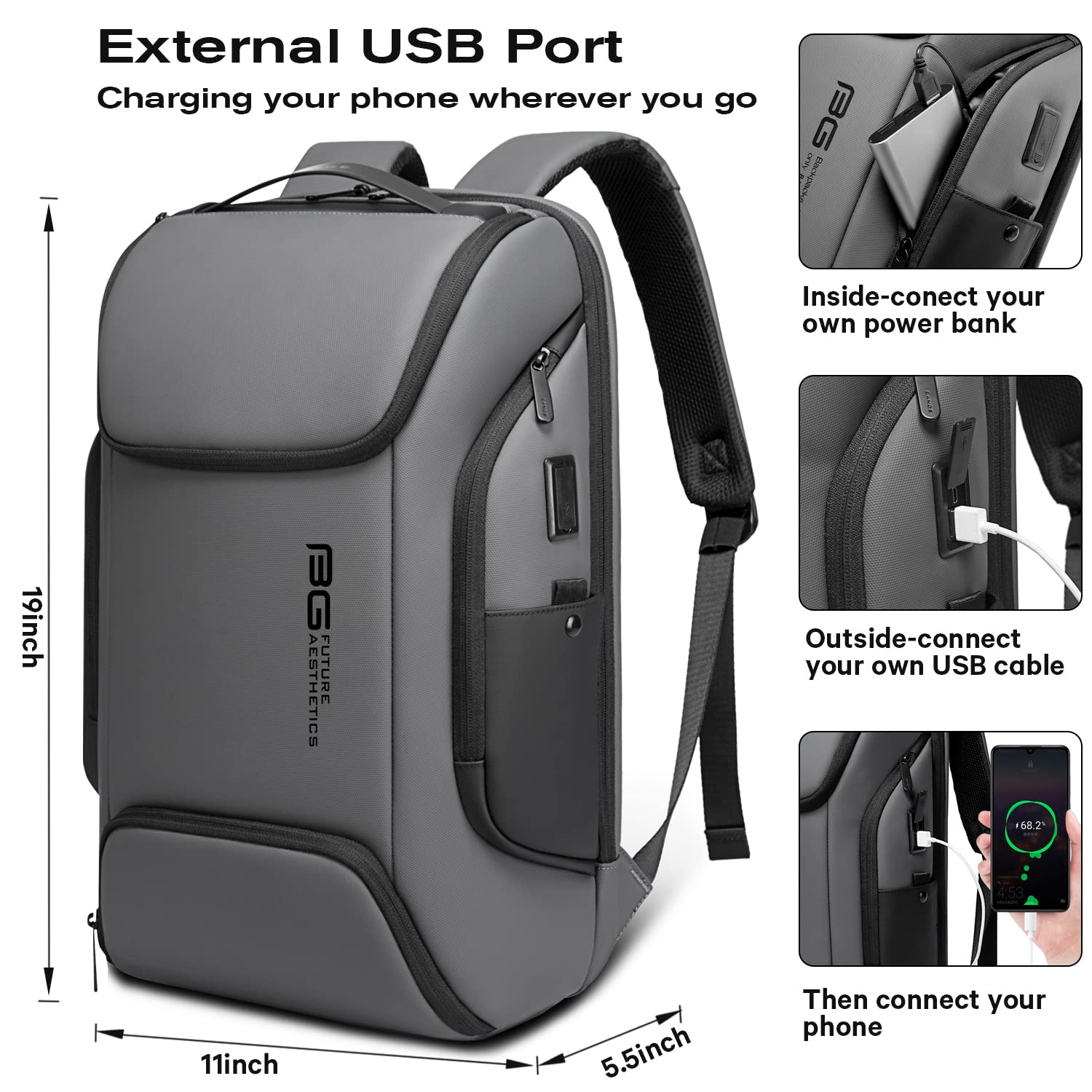Foto 4 pulgar | Mochila Bange Business Laptop Smart 15.6'' Impermeable Gris - Venta Internacional.