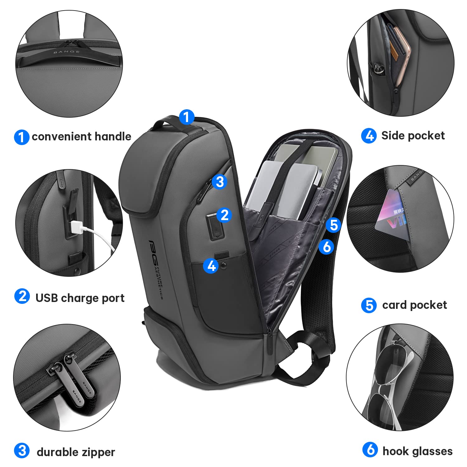Foto 5 pulgar | Mochila Bange Business Laptop Smart 15.6'' Impermeable Gris - Venta Internacional.