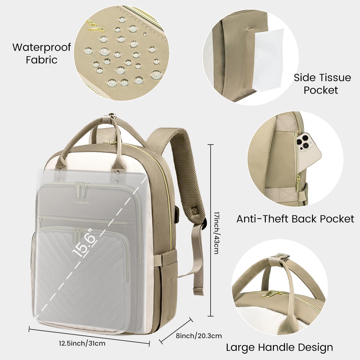 Foto 3 | Mochila Para Portátil Lovevook 15.6 Pulgadas Impermeable Para Mujer, Color Caqui - Venta Internacional.