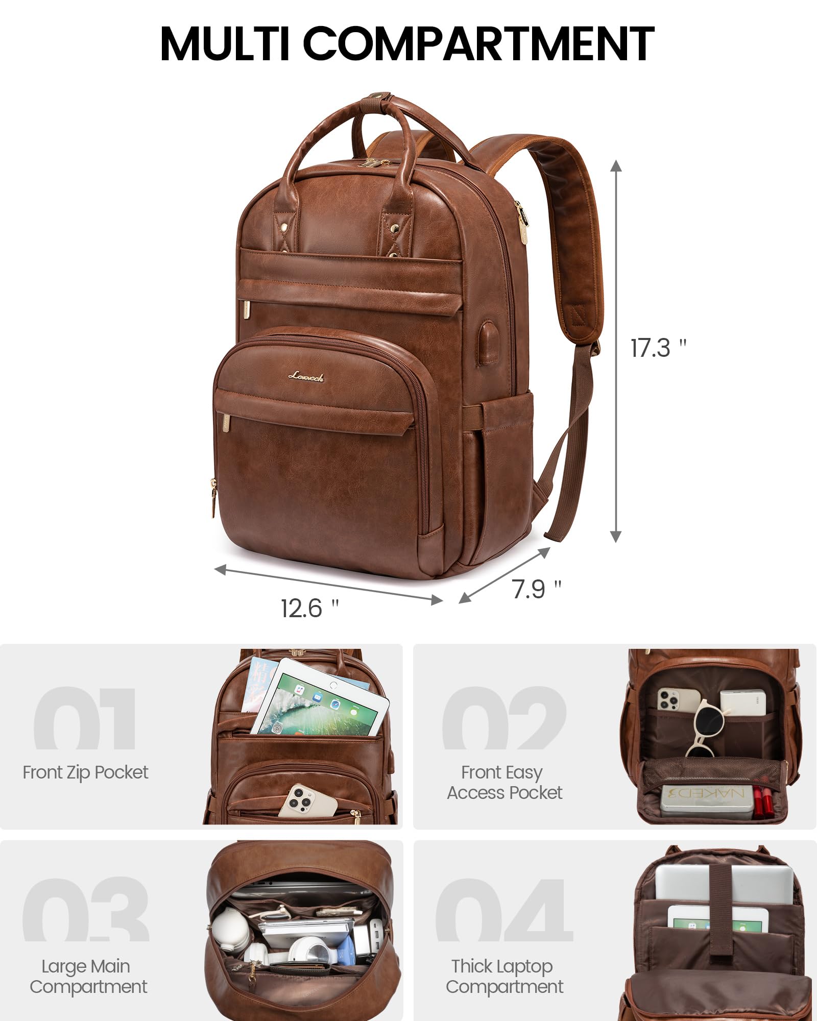 Foto 5 pulgar | Mochila Para Portátil Lovevook Vintage Pu 15.6 Pulgadas Impermeable Marrón - Venta Internacional.