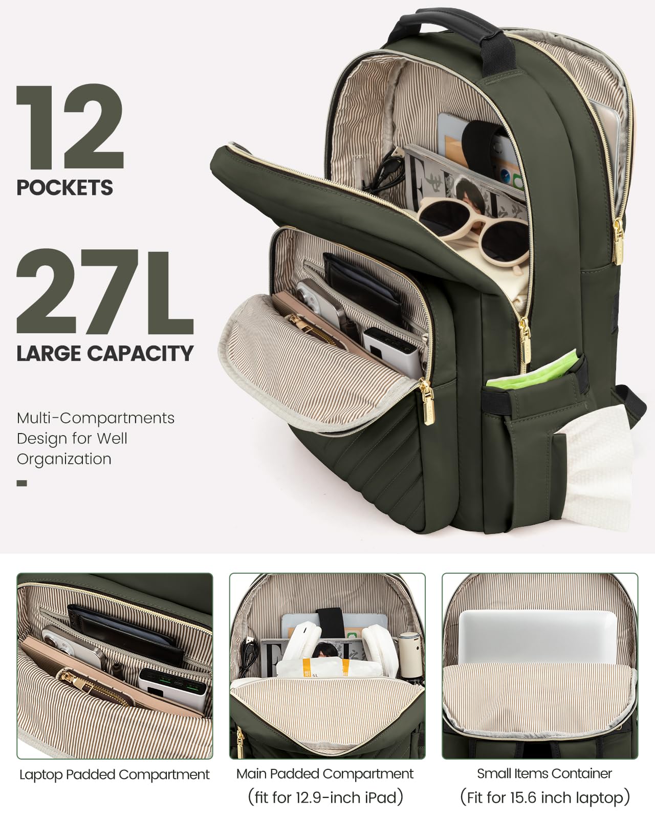 Foto 3 pulgar | Mochila Lovevook Para Portátil, Color Verde Militar, Para Mujer, 15.6 Pulgadas Con Puerto Usb - Venta Internacional.