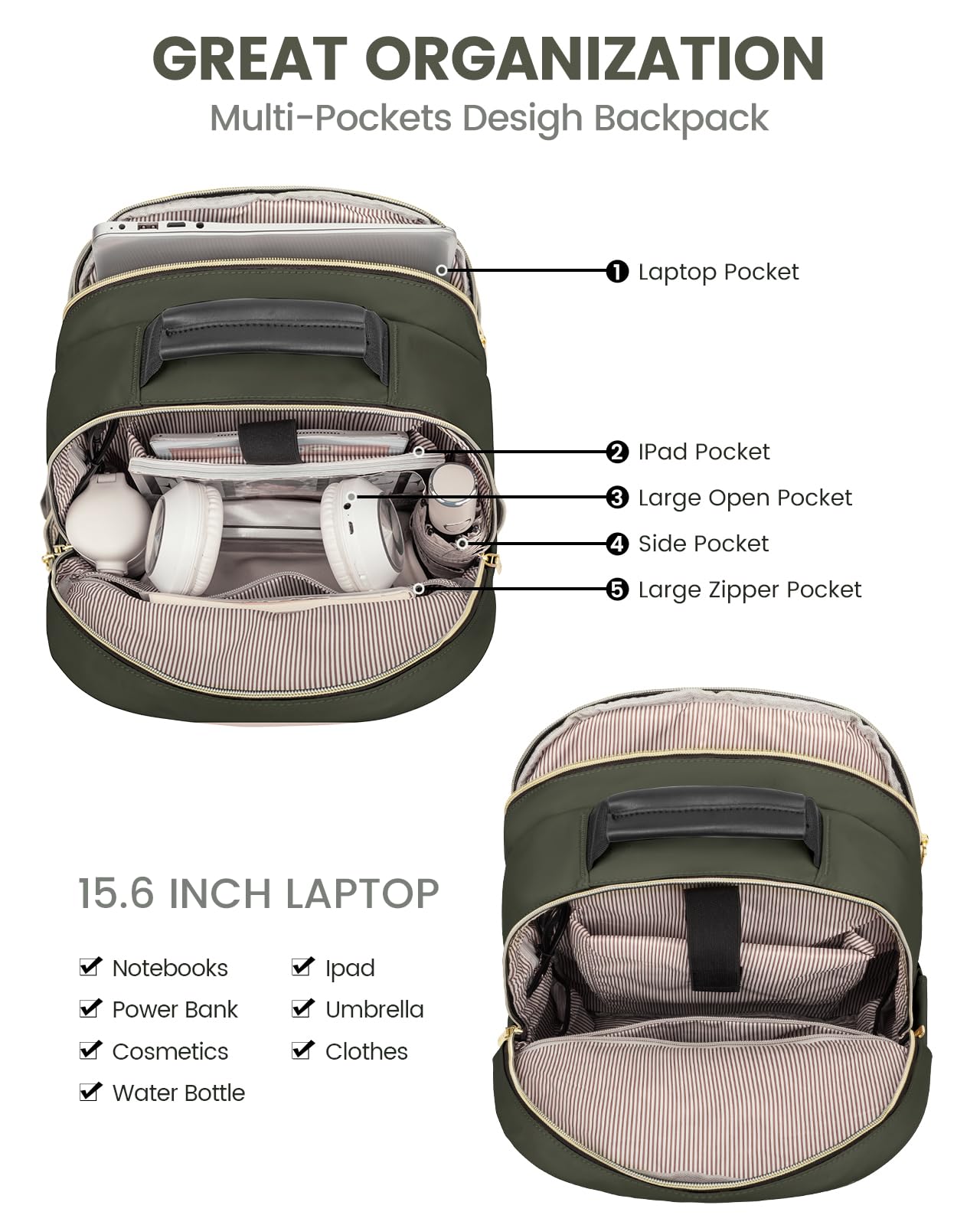 Foto 4 pulgar | Mochila Lovevook Para Portátil, Color Verde Militar, Para Mujer, 15.6 Pulgadas Con Puerto Usb - Venta Internacional.