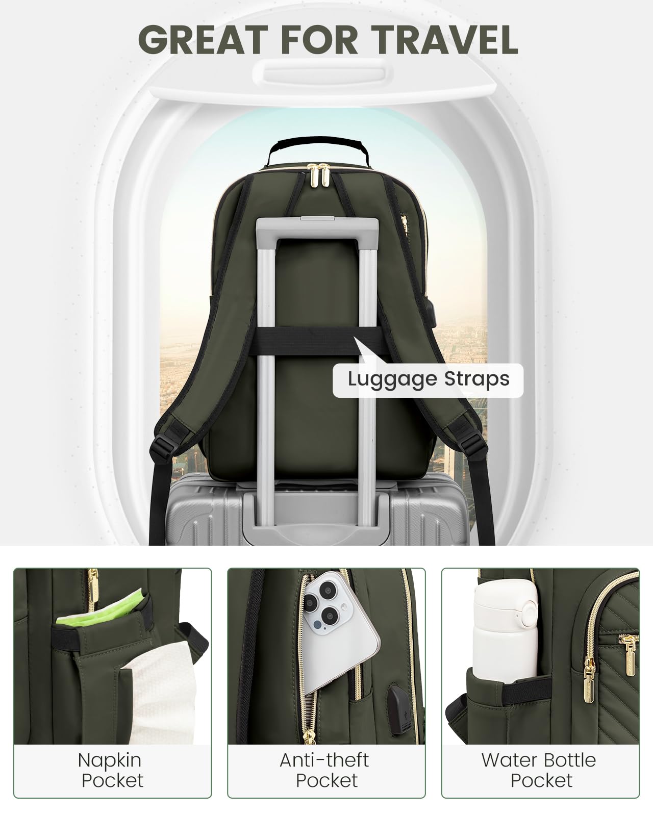 Foto 5 pulgar | Mochila Lovevook Para Portátil, Color Verde Militar, Para Mujer, 15.6 Pulgadas Con Puerto Usb - Venta Internacional.