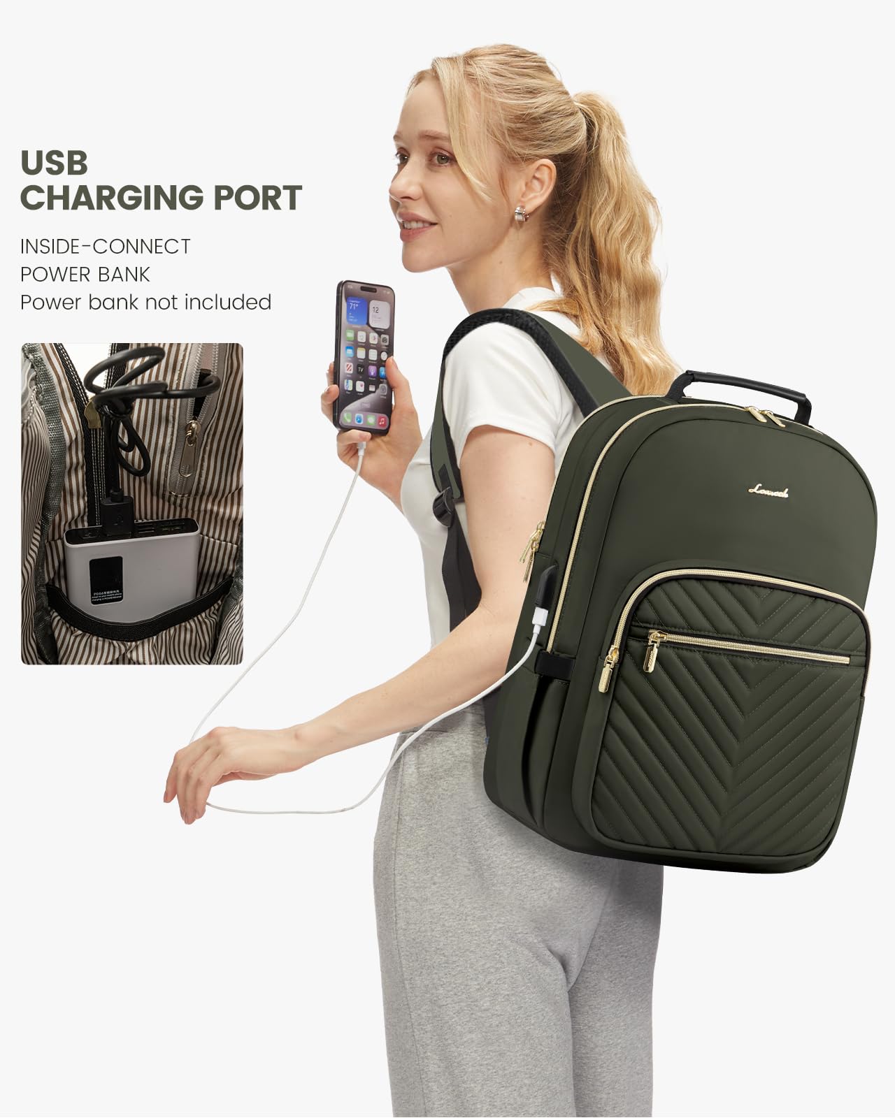 Foto 6 pulgar | Mochila Lovevook Para Portátil, Color Verde Militar, Para Mujer, 15.6 Pulgadas Con Puerto Usb - Venta Internacional.