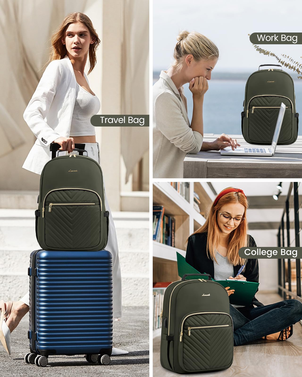 Foto 6 | Mochila Lovevook Para Portátil, Color Verde Militar, Para Mujer, 15.6 Pulgadas Con Puerto Usb - Venta Internacional.