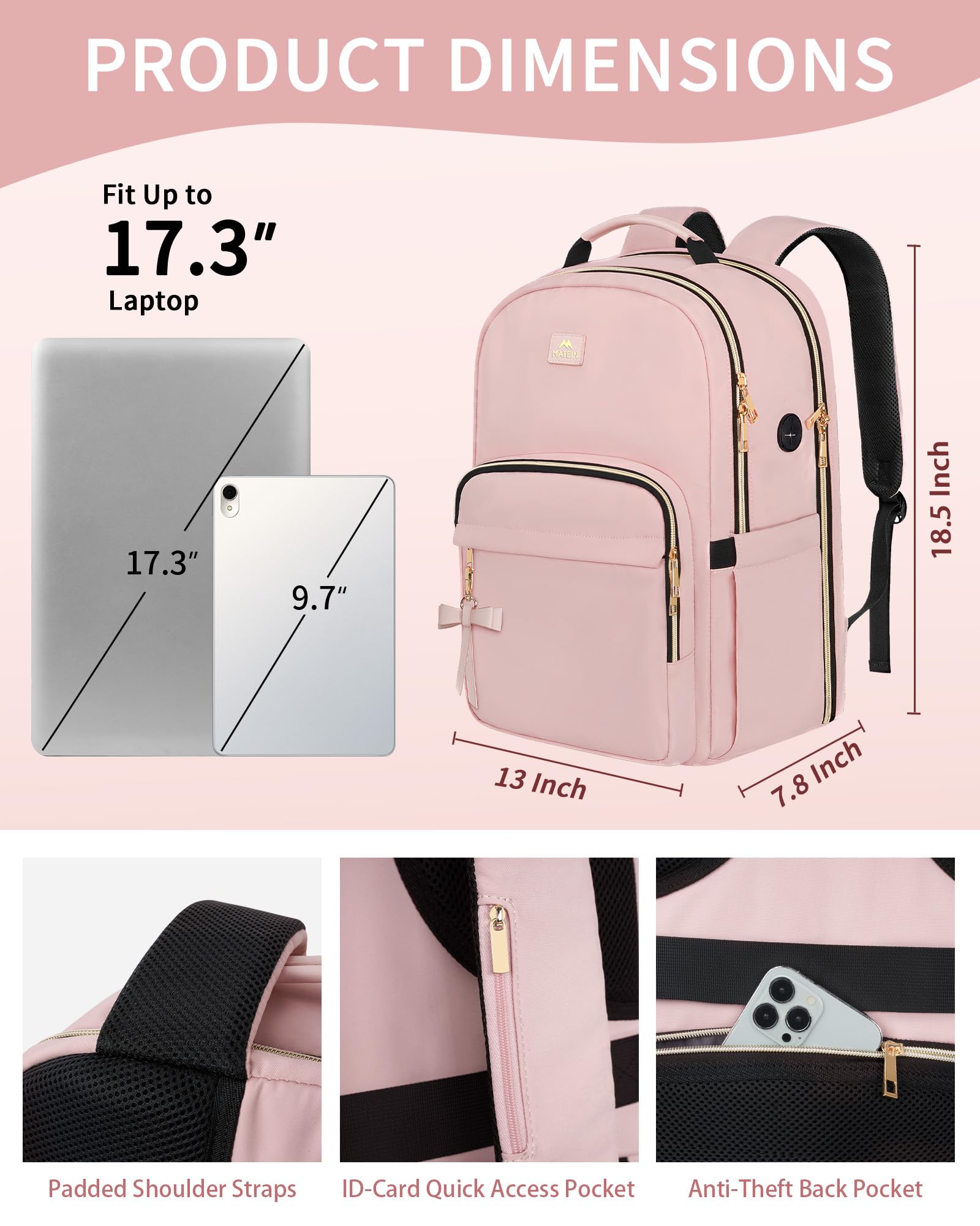 Foto 7 pulgar | Mochila Matein Para Portátil De 17 Pulgadas Rosa Resistente Al Agua Para Mujer - Venta Internacional.