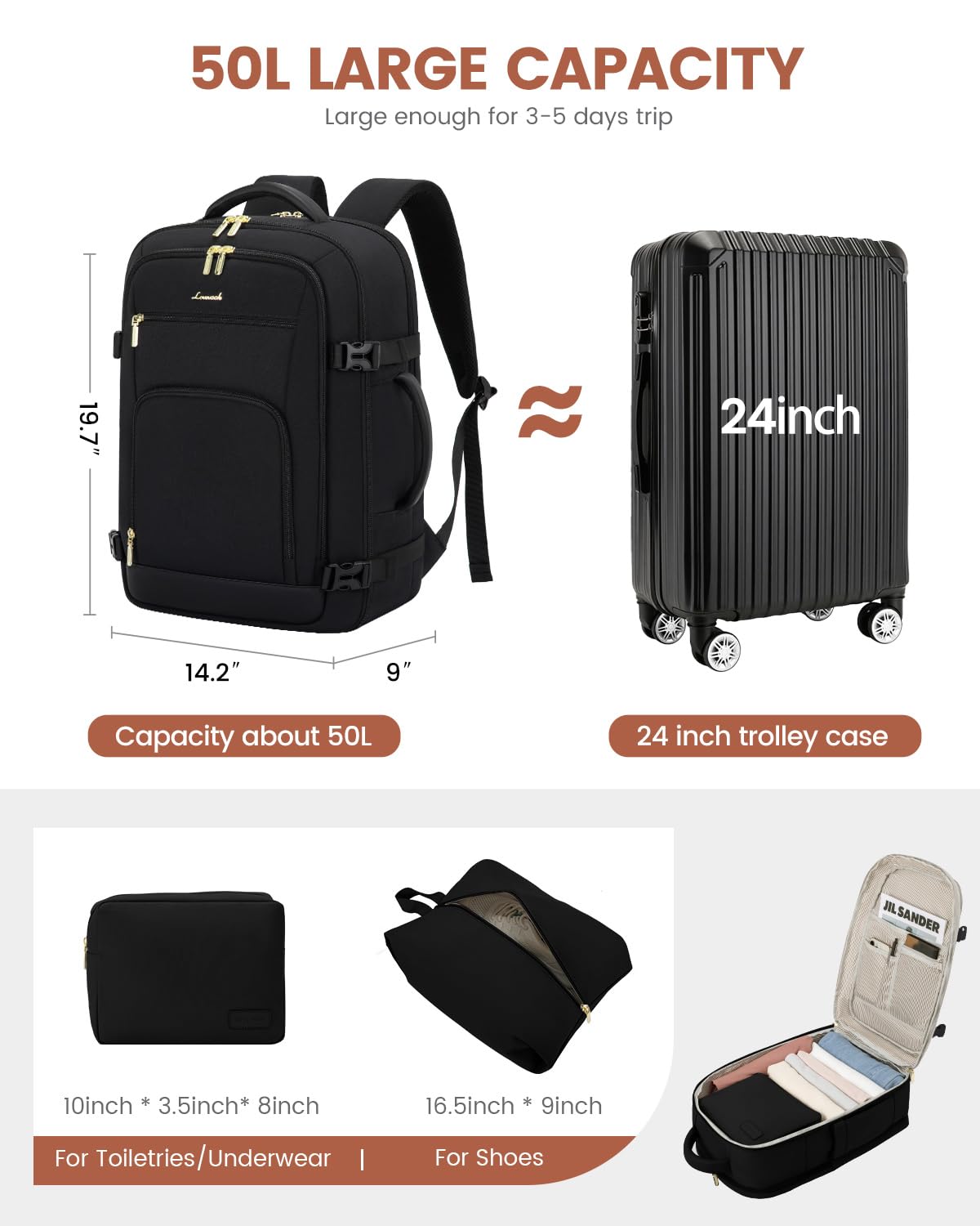 Foto 2 | Mochila De Viaje Lovevook Carry On Para Portátil Impermeable De 18 Pulgadas, 50 Litros - Venta Internacional.