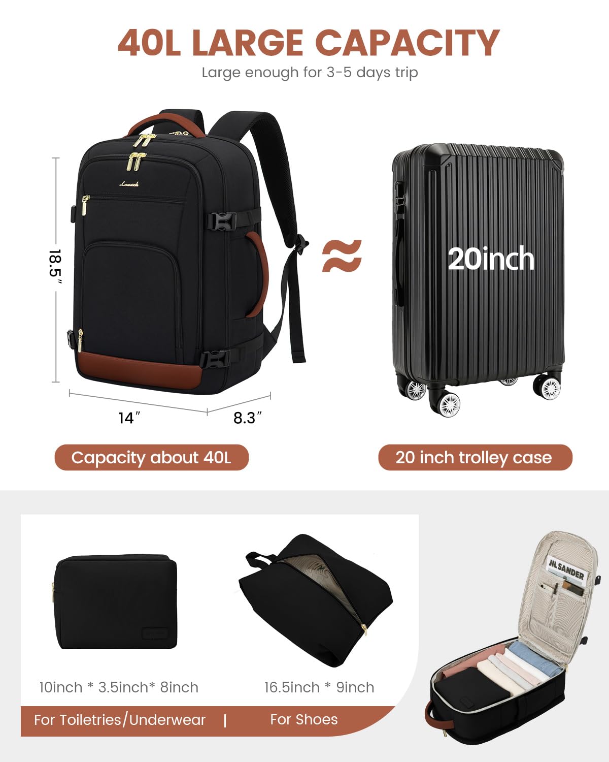Foto 5 pulgar | Mochila De Viaje Lovevook Carry On De 40 Litros Para Portátil De 17 Pulgadas Para Mujeres Y Hombres - Venta Internaci