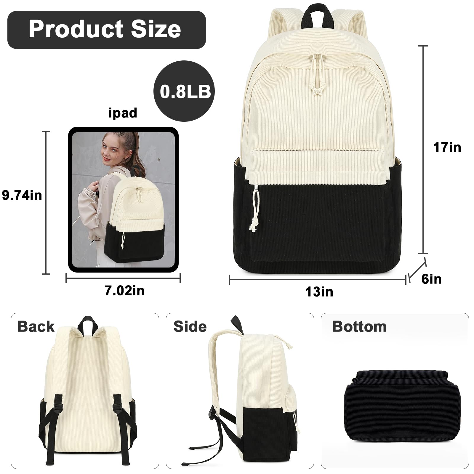 Foto 3 | Mochila Escolar Btoop De Pana Para Adolescentes, Bolsa Para Portátil De 17 Pulgadas - Venta Internacional.