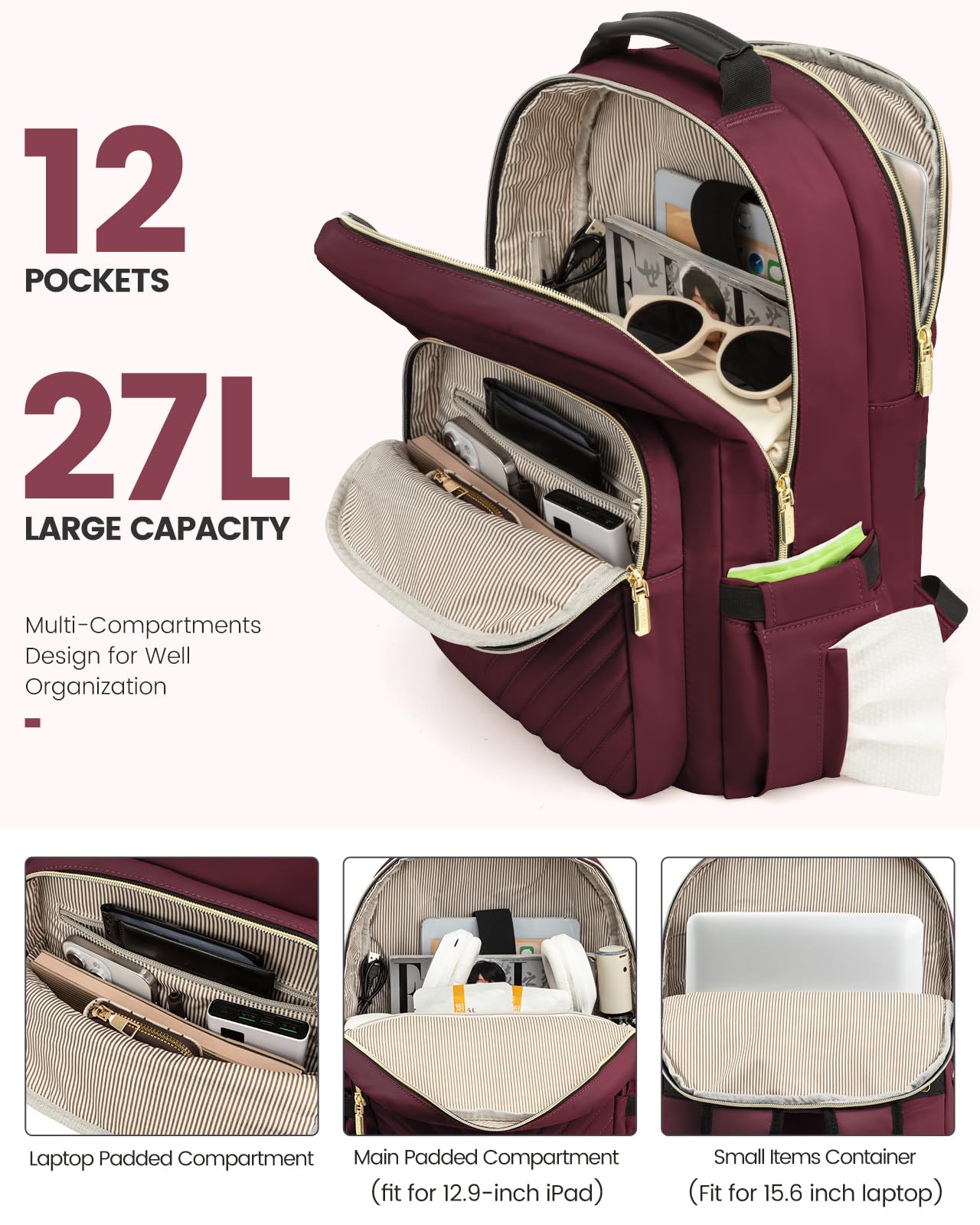 Foto 3 pulgar | Mochila Lovevook Para Portátil Para Mujer De 15,6 Pulgadas Con Puerto Usb, Color Rojo Vino - Venta Internacional.