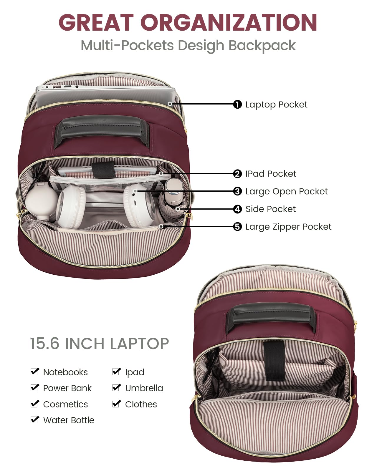 Foto 4 pulgar | Mochila Lovevook Para Portátil Para Mujer De 15,6 Pulgadas Con Puerto Usb, Color Rojo Vino - Venta Internacional.
