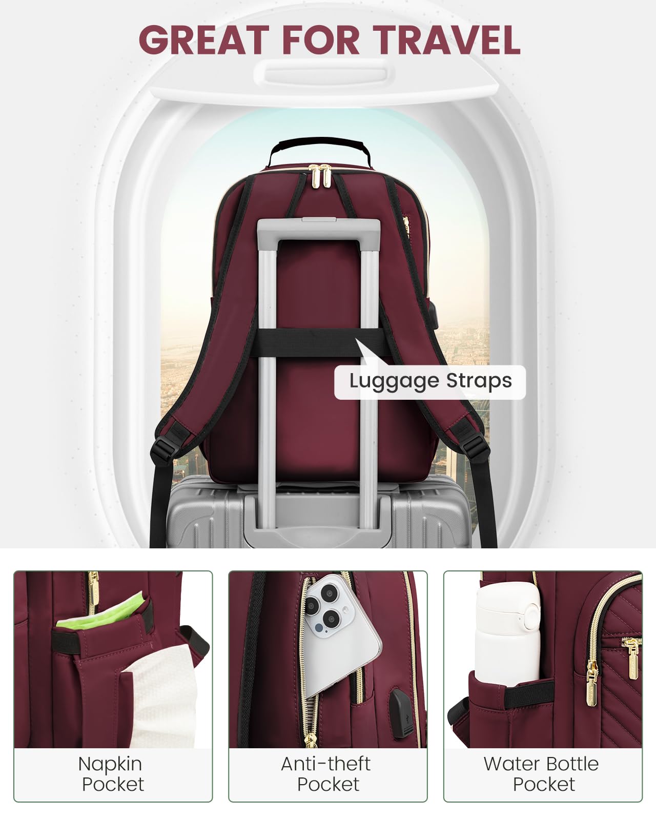 Foto 5 pulgar | Mochila Lovevook Para Portátil Para Mujer De 15,6 Pulgadas Con Puerto Usb, Color Rojo Vino - Venta Internacional.