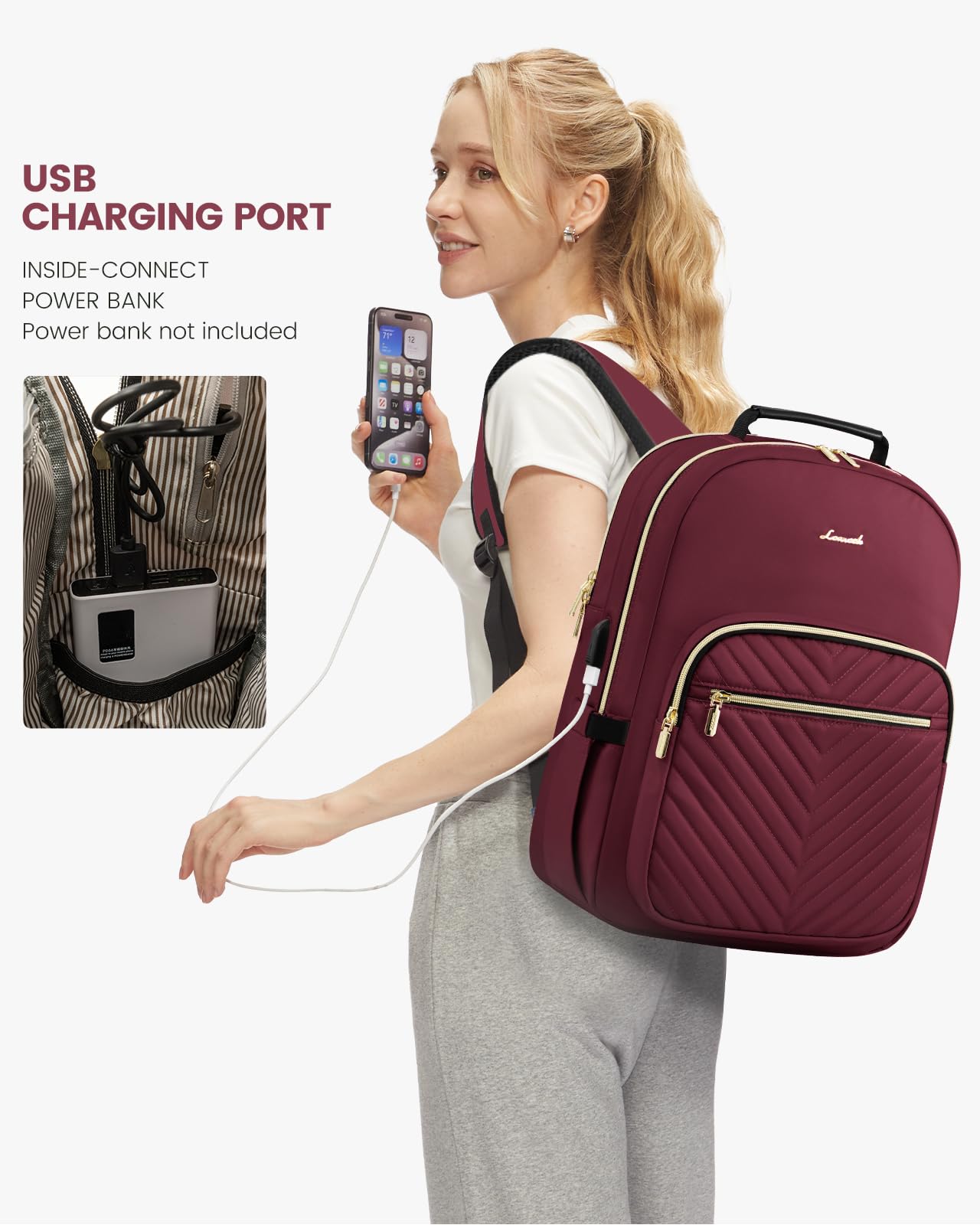 Foto 6 pulgar | Mochila Lovevook Para Portátil Para Mujer De 15,6 Pulgadas Con Puerto Usb, Color Rojo Vino - Venta Internacional.
