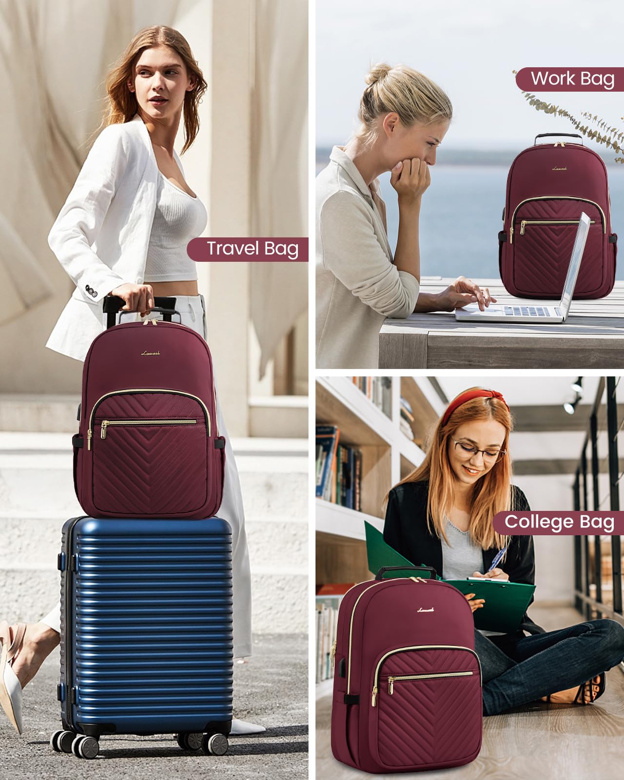 Foto 7 pulgar | Mochila Lovevook Para Portátil Para Mujer De 15,6 Pulgadas Con Puerto Usb, Color Rojo Vino - Venta Internacional.