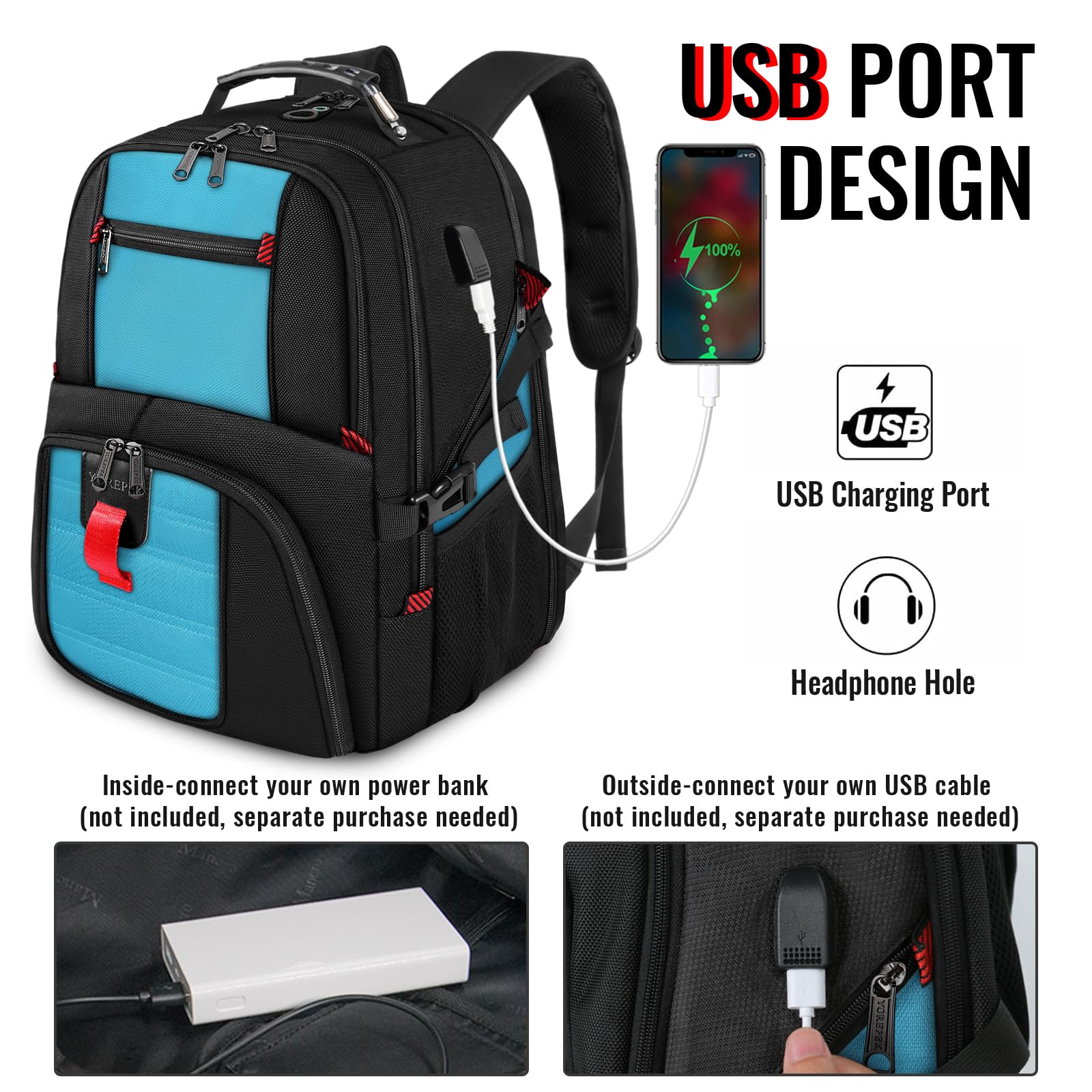 Foto 4 pulgar | Mochila Para Portátil Yorepek 18.4 Con Puerto De Carga Usb, Azul - Venta Internacional.