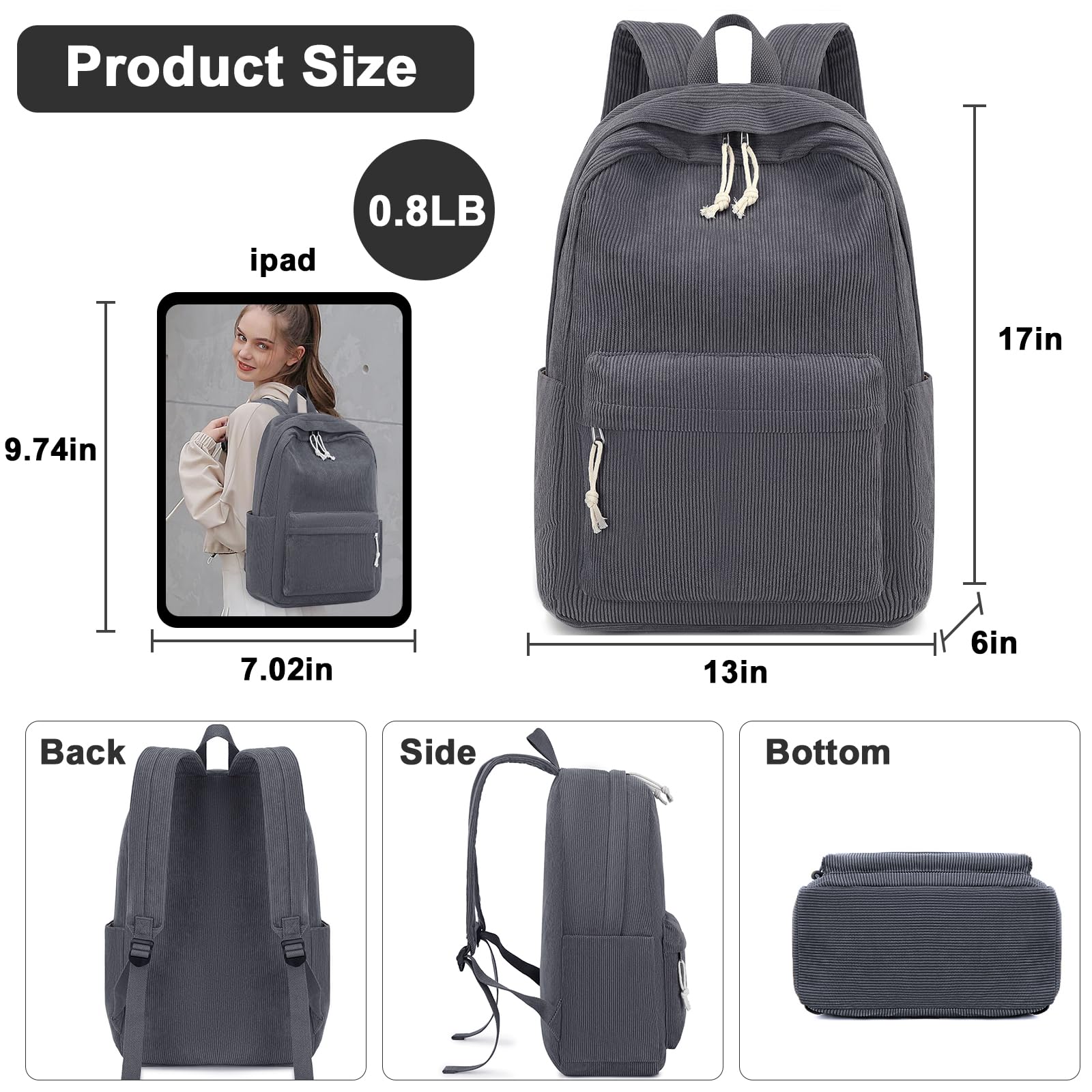 Foto 4 pulgar | Mochila Escolar Btoop Corduroy, Portátil Grande De 17 Pulgadas Para Adolescentes - Venta Internacional.