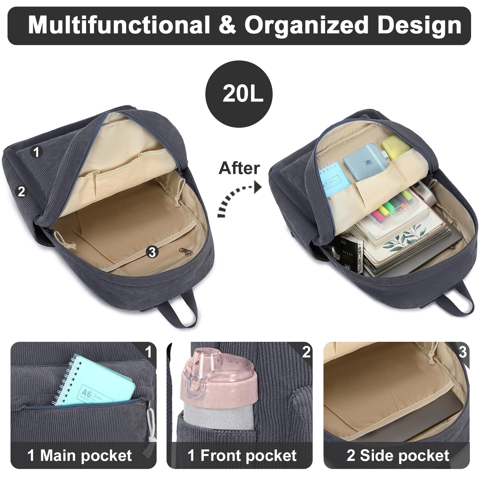 Foto 4 | Mochila Escolar Btoop Corduroy, Portátil Grande De 17 Pulgadas Para Adolescentes - Venta Internacional.