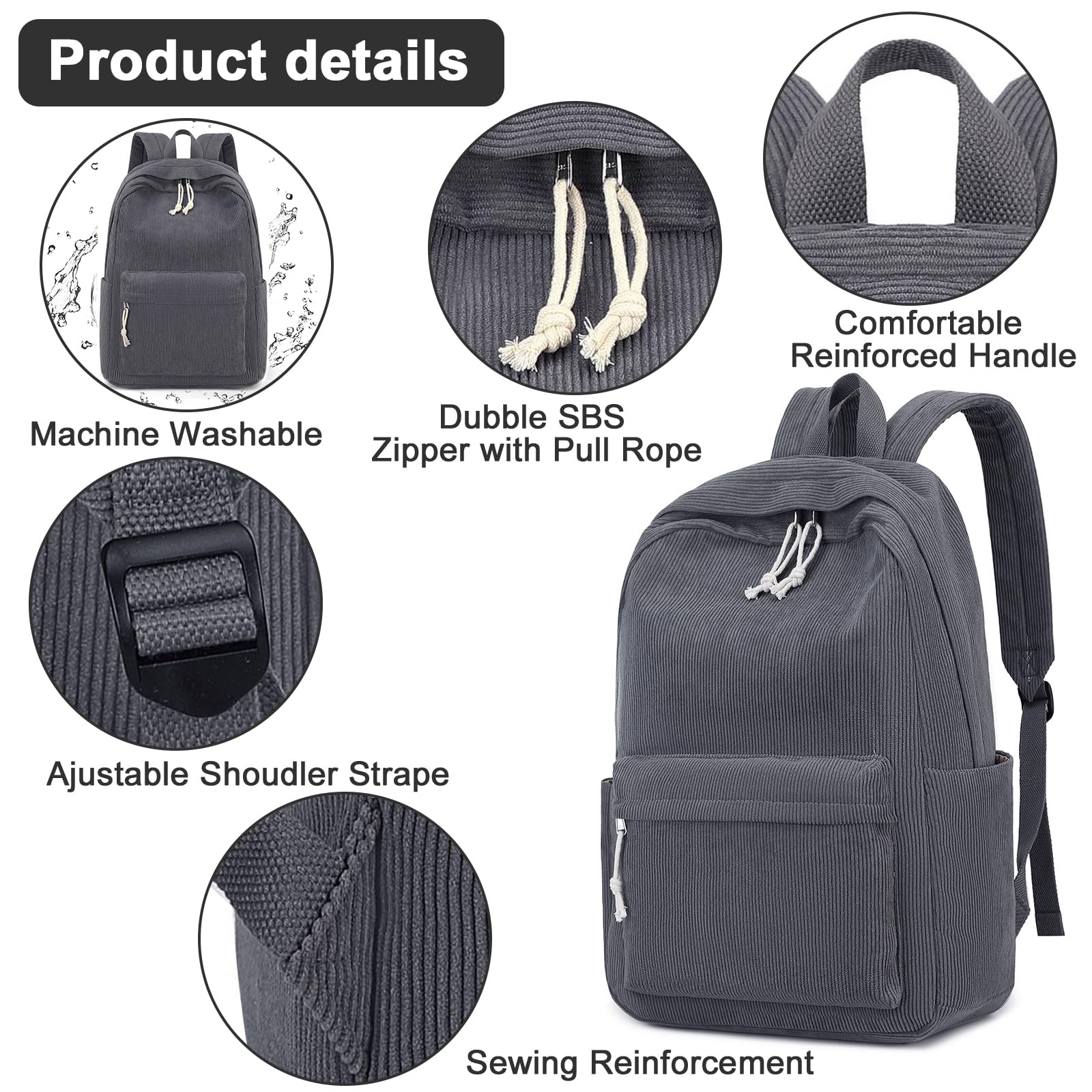 Foto 6 pulgar | Mochila Escolar Btoop Corduroy, Portátil Grande De 17 Pulgadas Para Adolescentes - Venta Internacional.