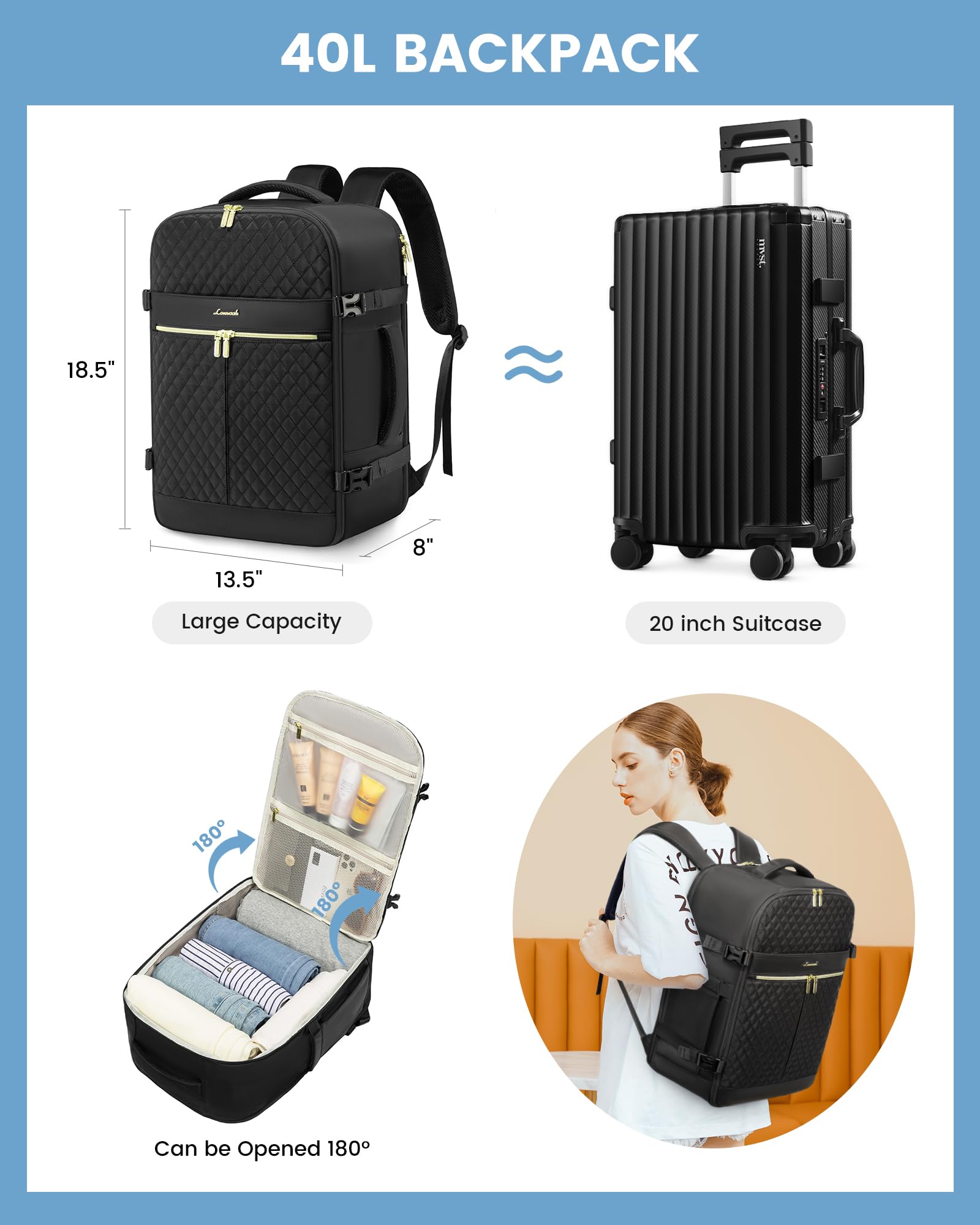 Foto 2 | Mochila De Viaje Lovevook Carry On De 40 Litros Para Mujer Con Portátil De 17 Pulgadas - Venta Internacional.