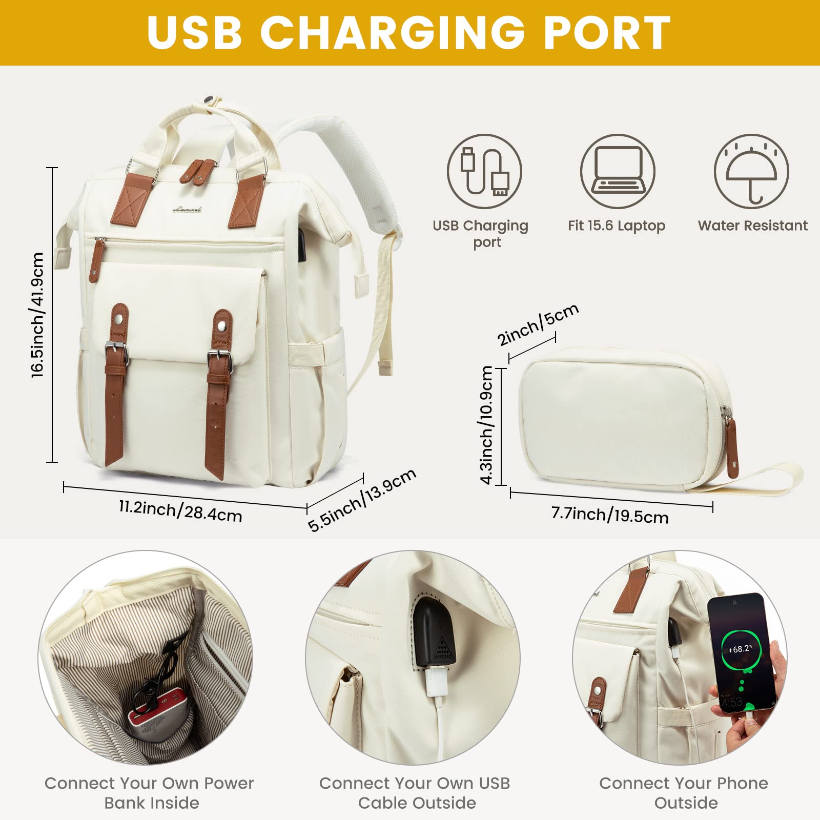 Foto 6 pulgar | Mochila Para Portátil Lovevook Para Mujer, Trabajo Y Viajes De 15.6 Pulgadas, Color Beige - Venta Internacional.