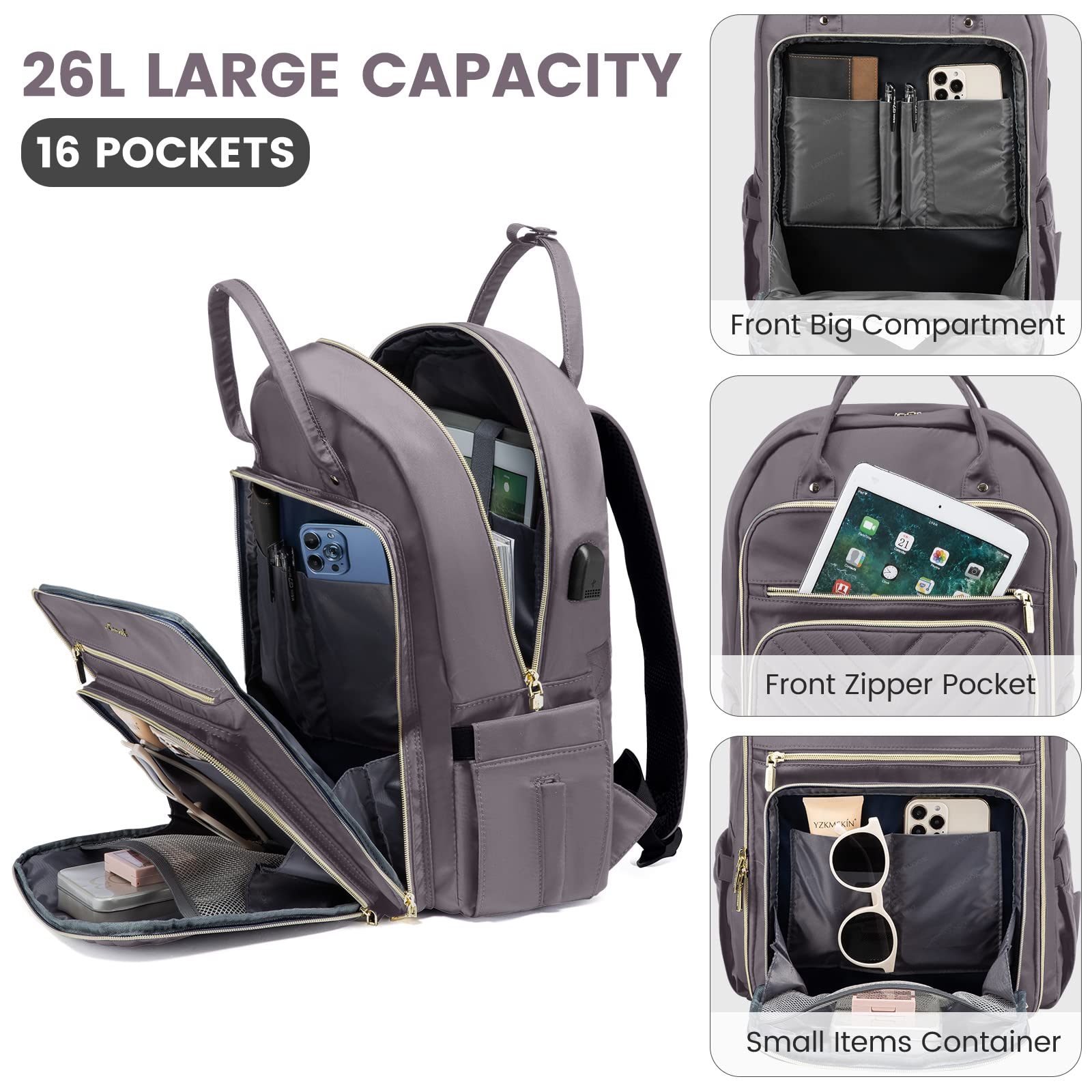 Foto 3 | Mochila Lovevook Para Mujer, Portátil De 15,6 Pulgadas, Trabajo Y Viajes, Gris Y Morado - Venta Internacional.