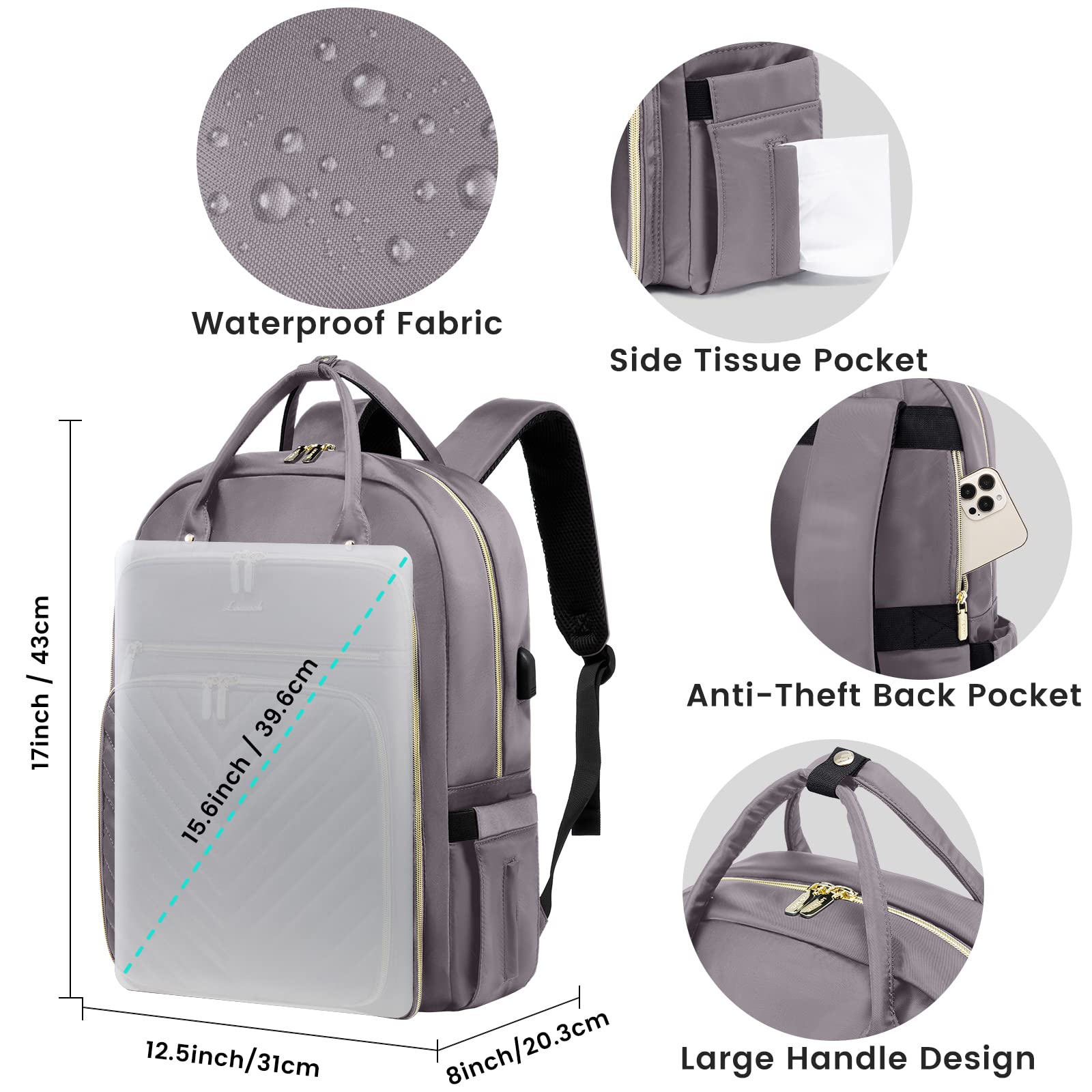 Foto 4 | Mochila Lovevook Para Mujer, Portátil De 15,6 Pulgadas, Trabajo Y Viajes, Gris Y Morado - Venta Internacional.