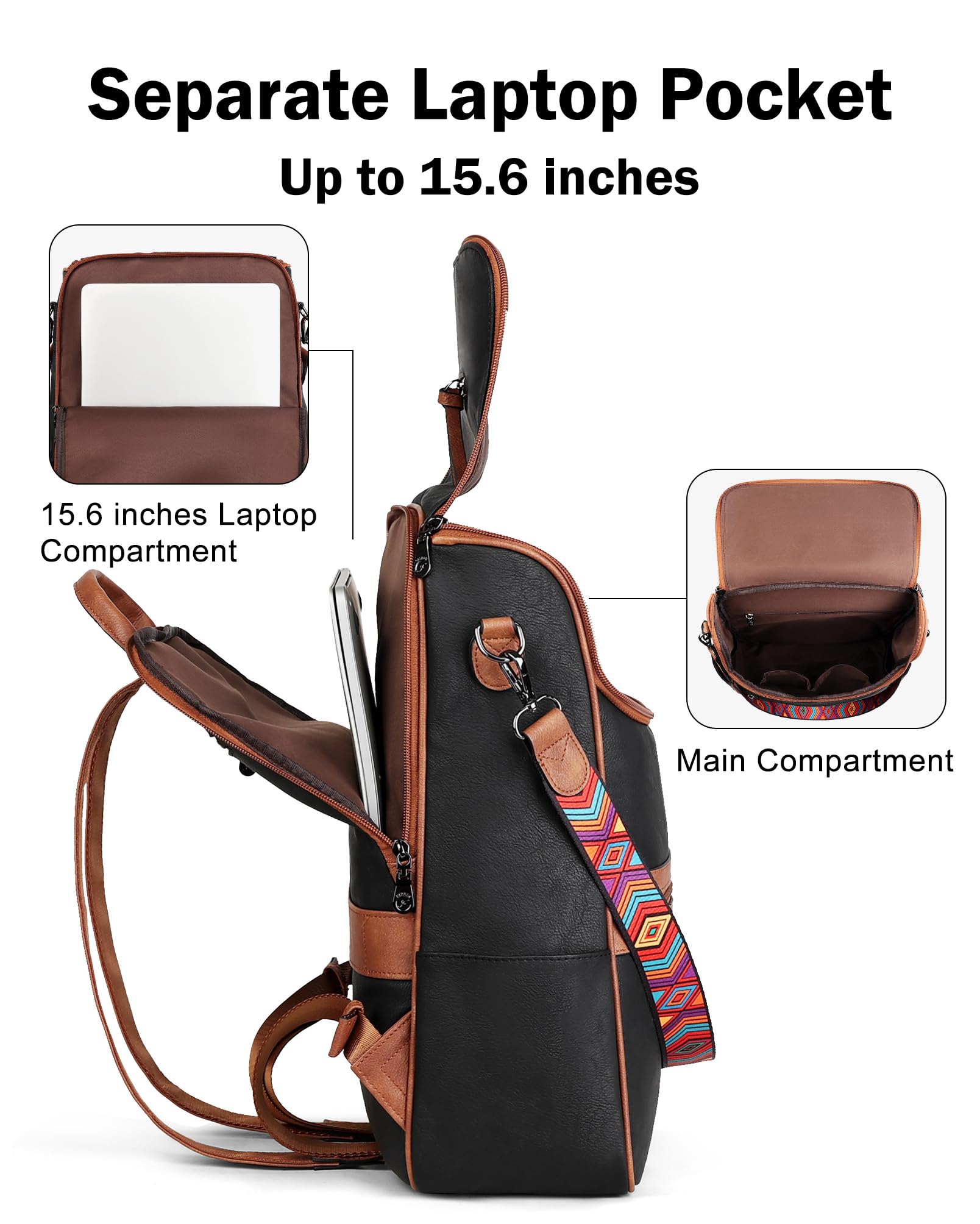 Foto 3 pulgar | Mochila Para Portátil Fadeon Leather Travel 15.6'' Negro Marrón - Venta Internacional.