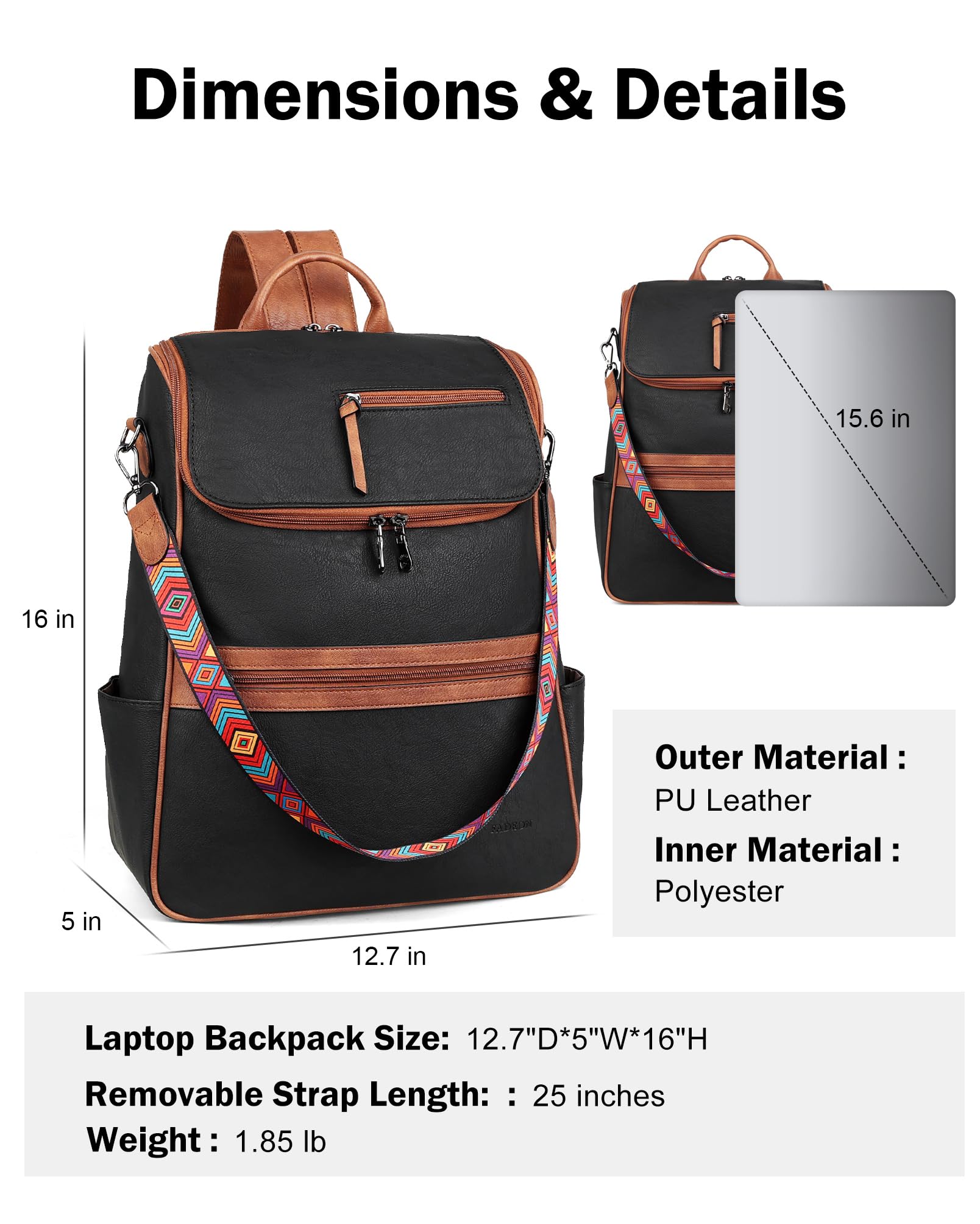 Foto 4 pulgar | Mochila Para Portátil Fadeon Leather Travel 15.6'' Negro Marrón - Venta Internacional.