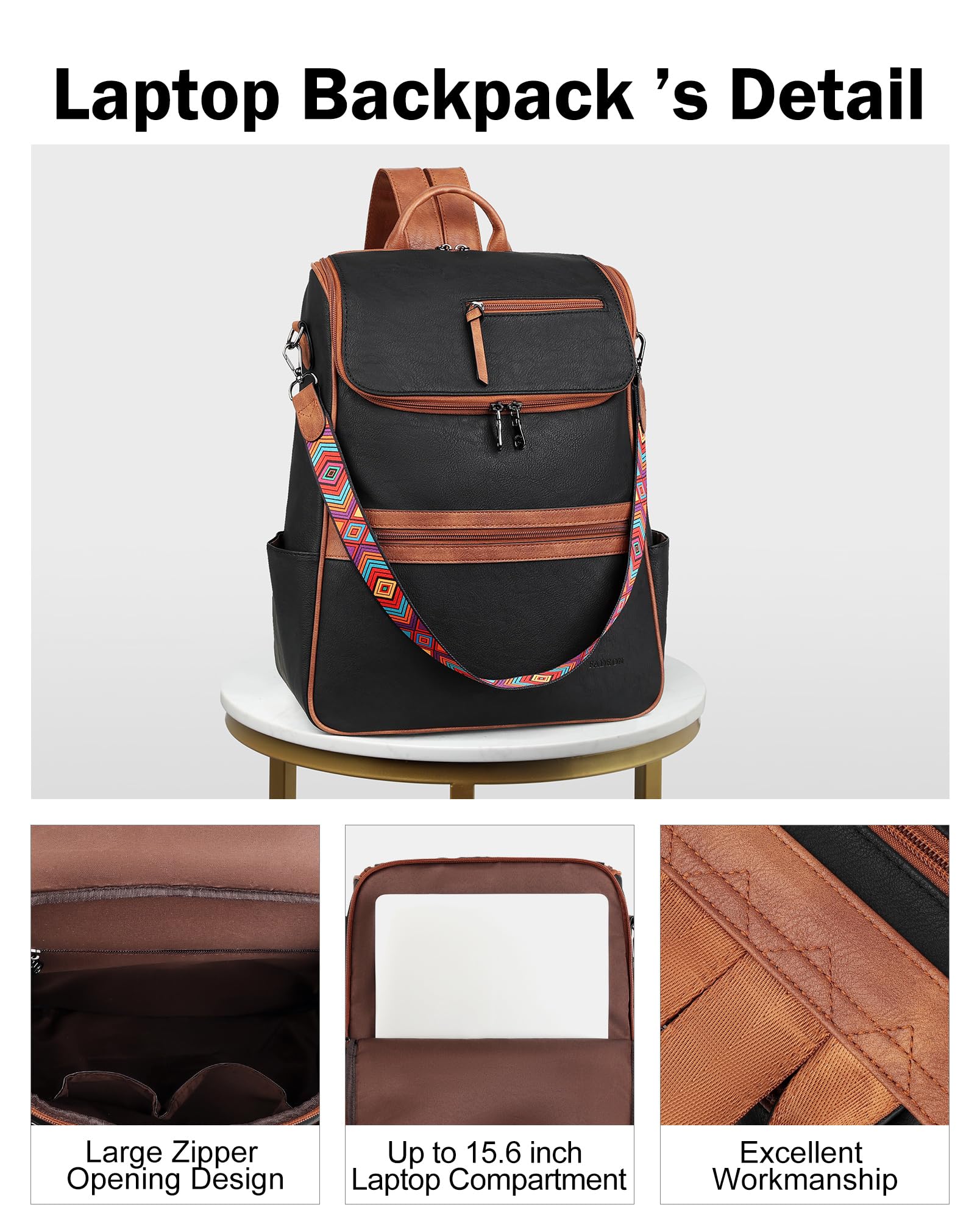 Foto 6 pulgar | Mochila Para Portátil Fadeon Leather Travel 15.6'' Negro Marrón - Venta Internacional.