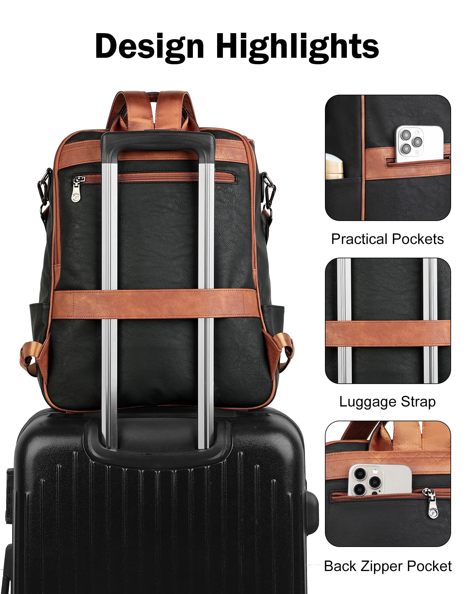 Foto 7 pulgar | Mochila Para Portátil Fadeon Leather Travel 15.6'' Negro Marrón - Venta Internacional.