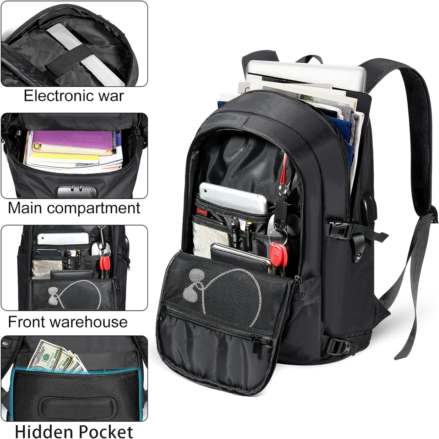 Foto 5 pulgar | Mochila Antirrobo Para Portátil Tzowla 40l Con Puerto De Carga Usb - Venta Internacional.
