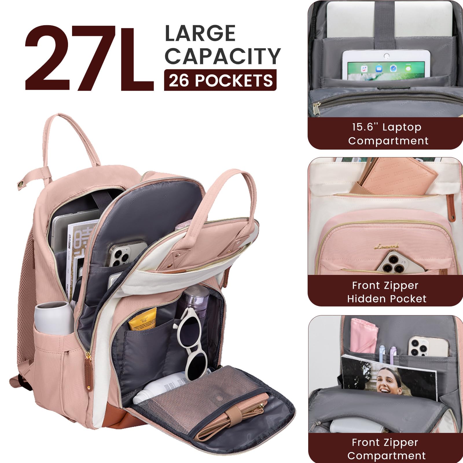 Foto 4 pulgar | Mochila Para Portátil Lovevook Para Mujer 15.6 Pulgadas Rosa - Beige - Venta Internacional.