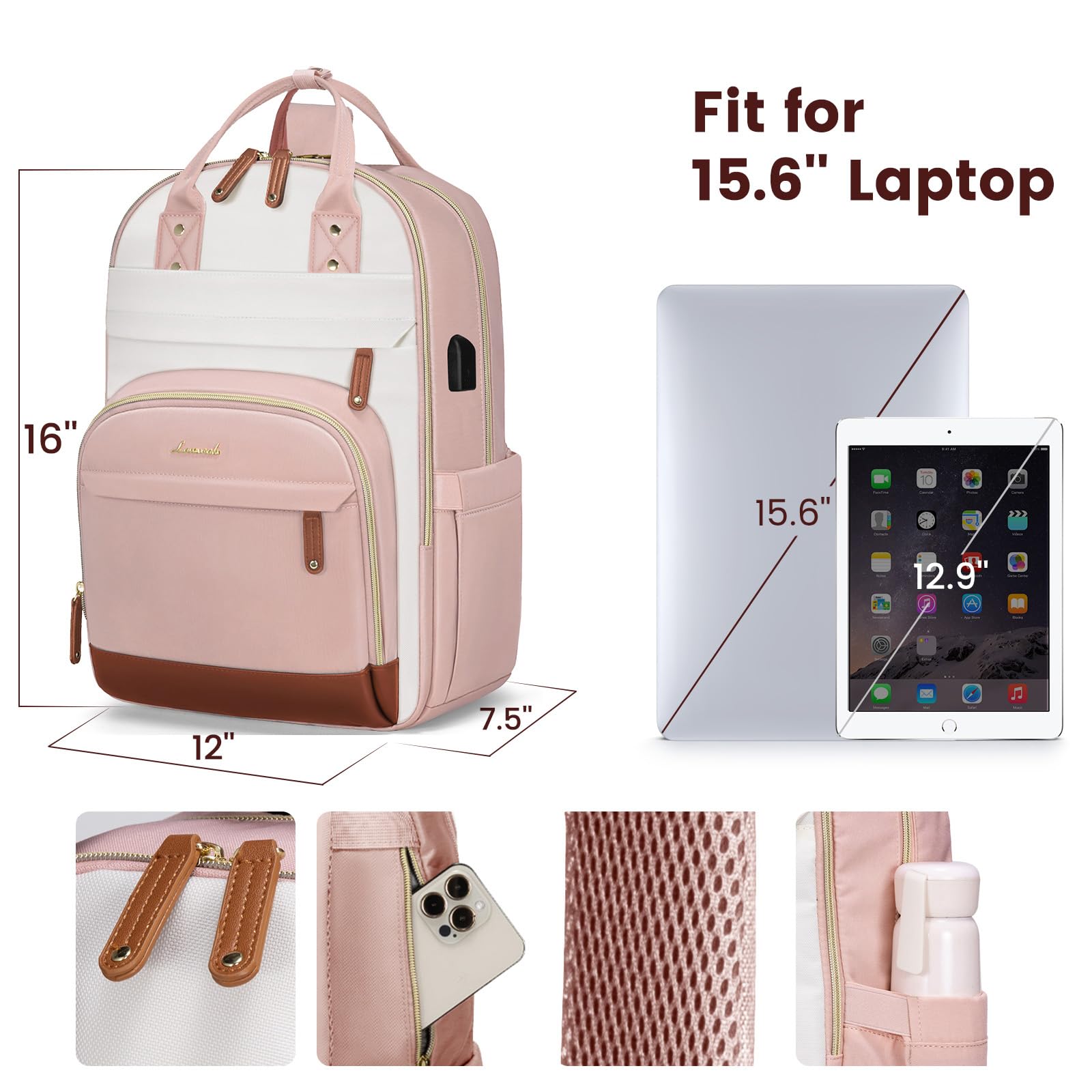 Foto 4 | Mochila Para Portátil Lovevook Para Mujer 15.6 Pulgadas Rosa - Beige - Venta Internacional.