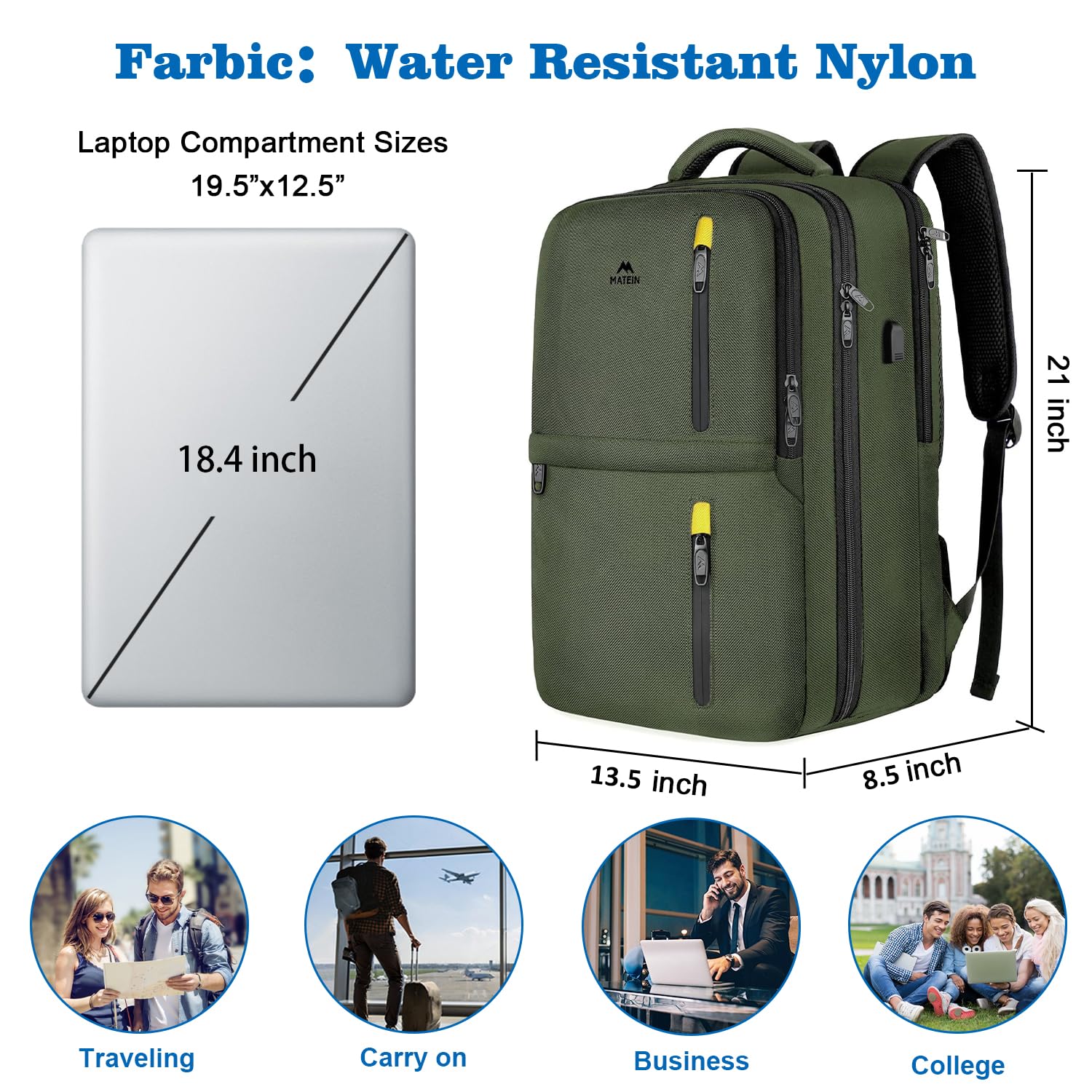 Foto 5 | Mochila Matein Extra Large Carry On 45 L Con Puerto Usb Verde - Venta Internacional.
