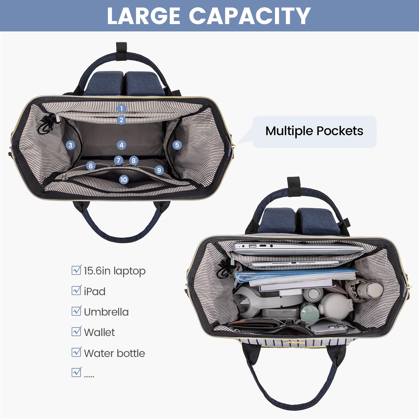 Foto 4 pulgar | Mochila Para Portátil Lovevook Para Mujer, Trabajo, 15.6 Pulgadas, Rayas, Azul Marino - Venta Internacional.