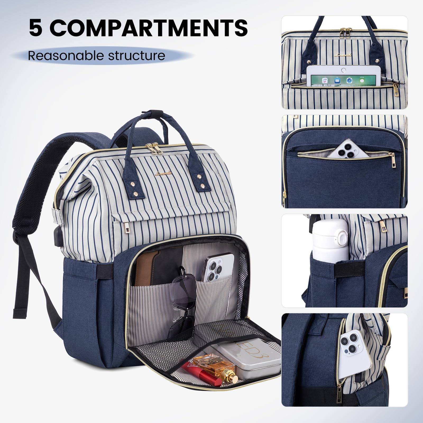 Foto 6 pulgar | Mochila Para Portátil Lovevook Para Mujer, Trabajo, 15.6 Pulgadas, Rayas, Azul Marino - Venta Internacional.