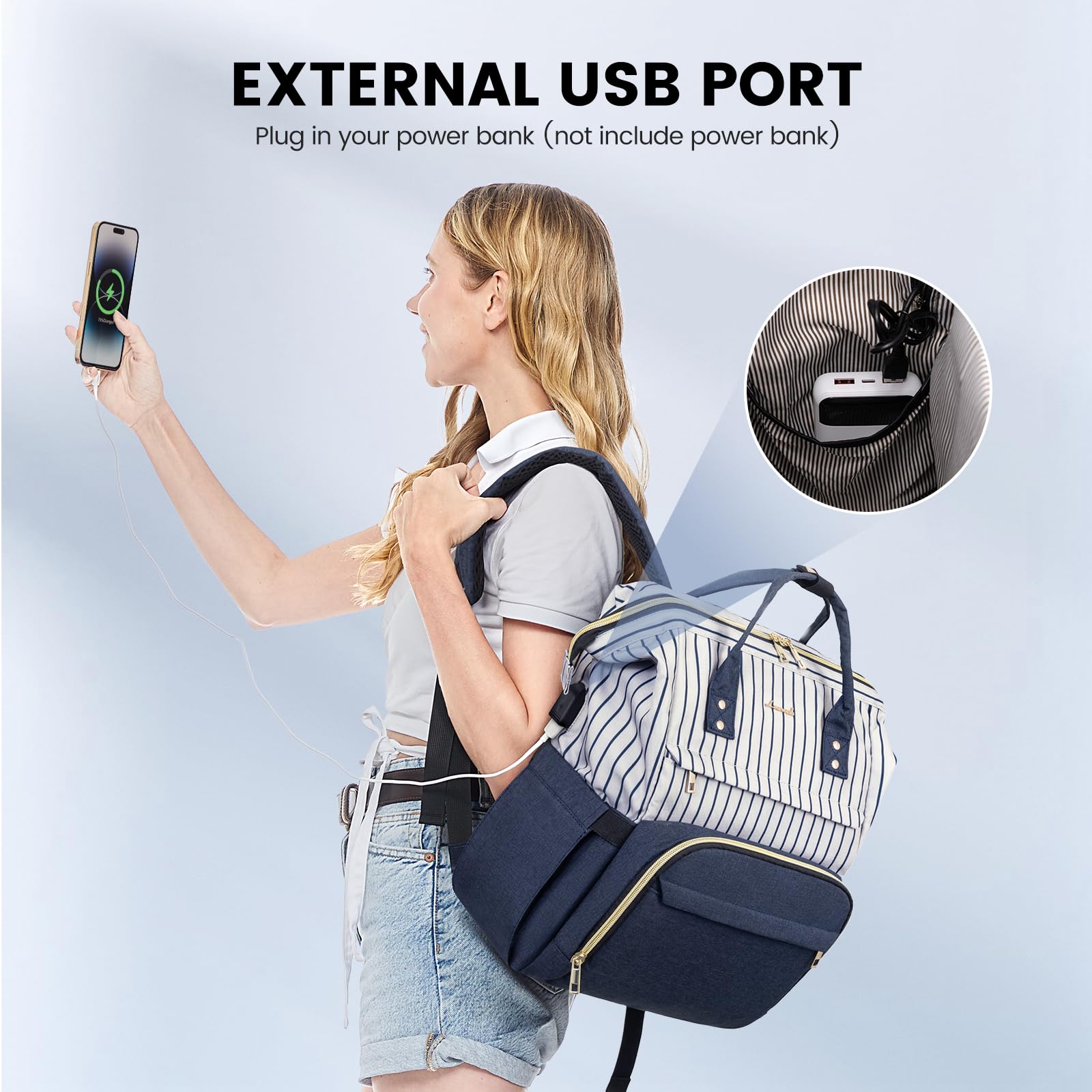 Foto 7 pulgar | Mochila Para Portátil Lovevook Para Mujer, Trabajo, 15.6 Pulgadas, Rayas, Azul Marino - Venta Internacional.