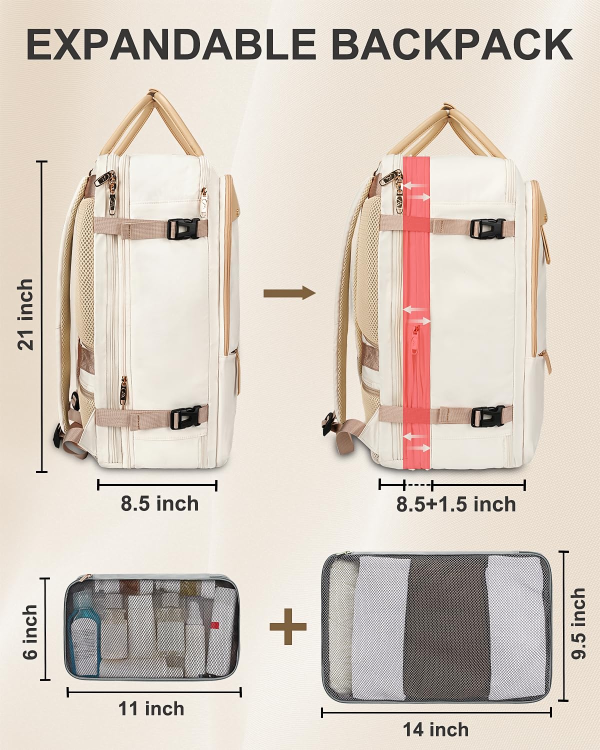 Foto 3 pulgar | Mochila Matein Carry On Tsa De 52 Litros Para Portátil De Viaje De 17 Pulgadas, Color Beige - Venta Internacional.