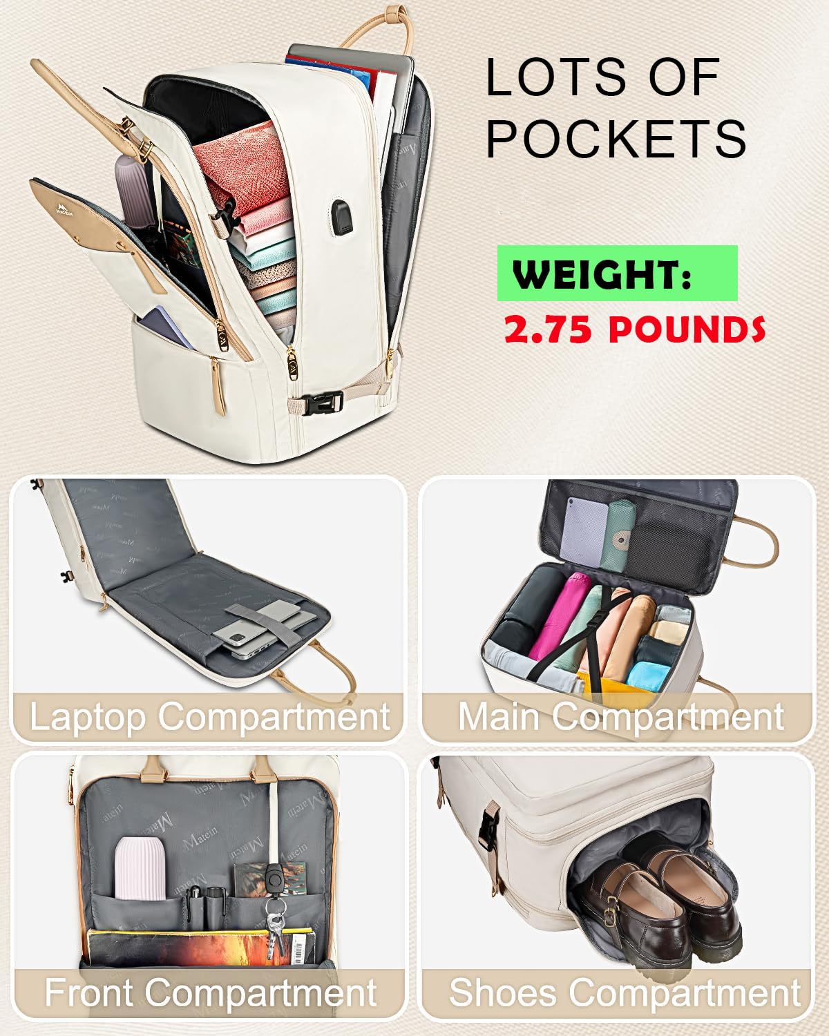 Foto 4 pulgar | Mochila Matein Carry On Tsa De 52 Litros Para Portátil De Viaje De 17 Pulgadas, Color Beige - Venta Internacional.