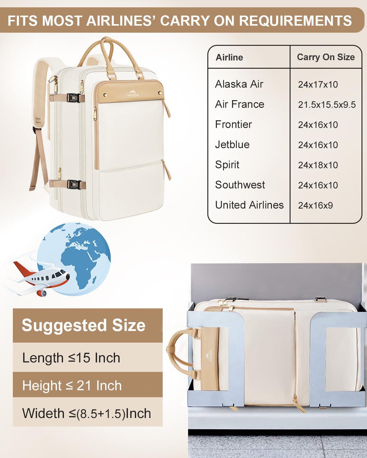 Foto 5 pulgar | Mochila Matein Carry On Tsa De 52 Litros Para Portátil De Viaje De 17 Pulgadas, Color Beige - Venta Internacional.