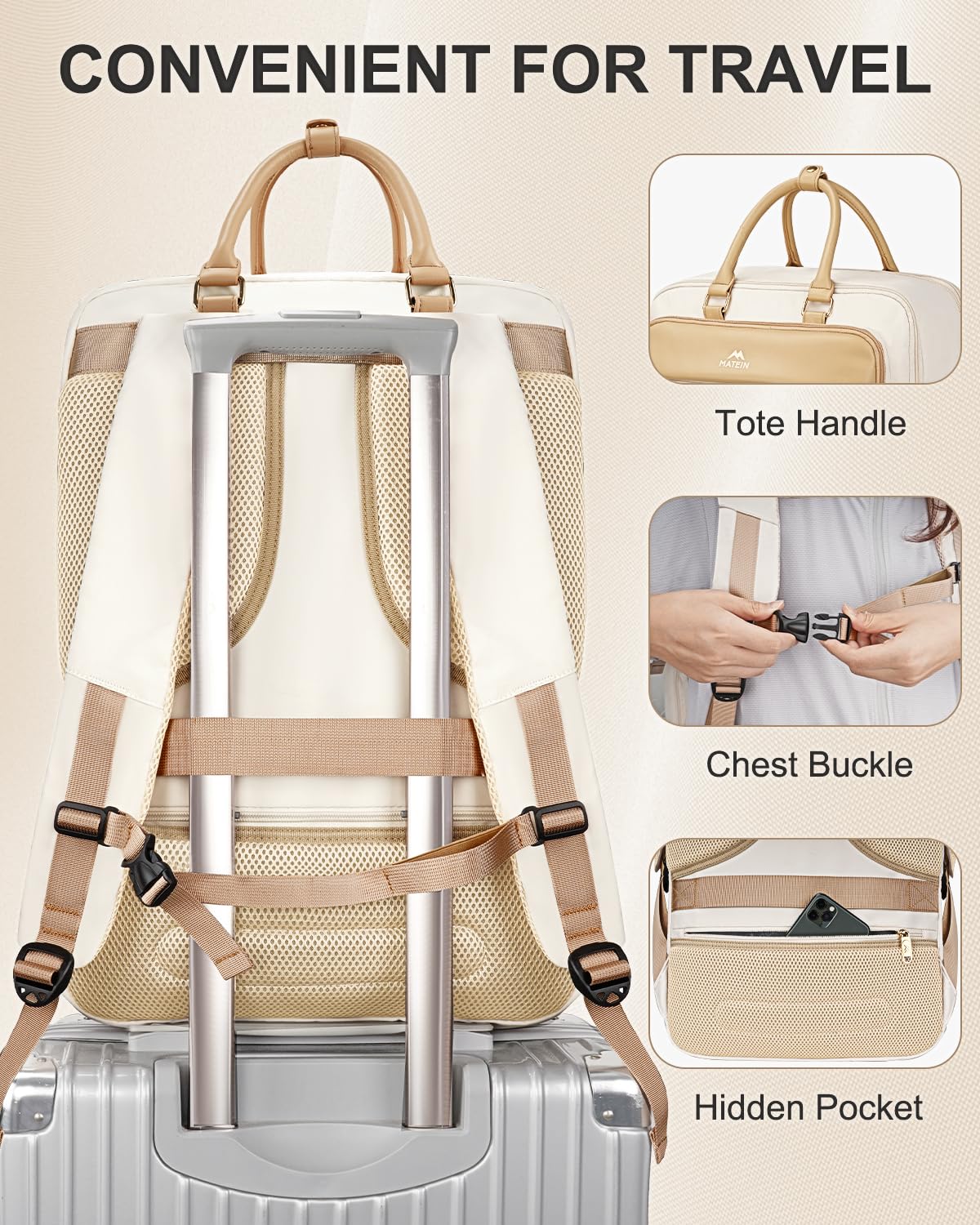 Foto 6 pulgar | Mochila Matein Carry On Tsa De 52 Litros Para Portátil De Viaje De 17 Pulgadas, Color Beige - Venta Internacional.