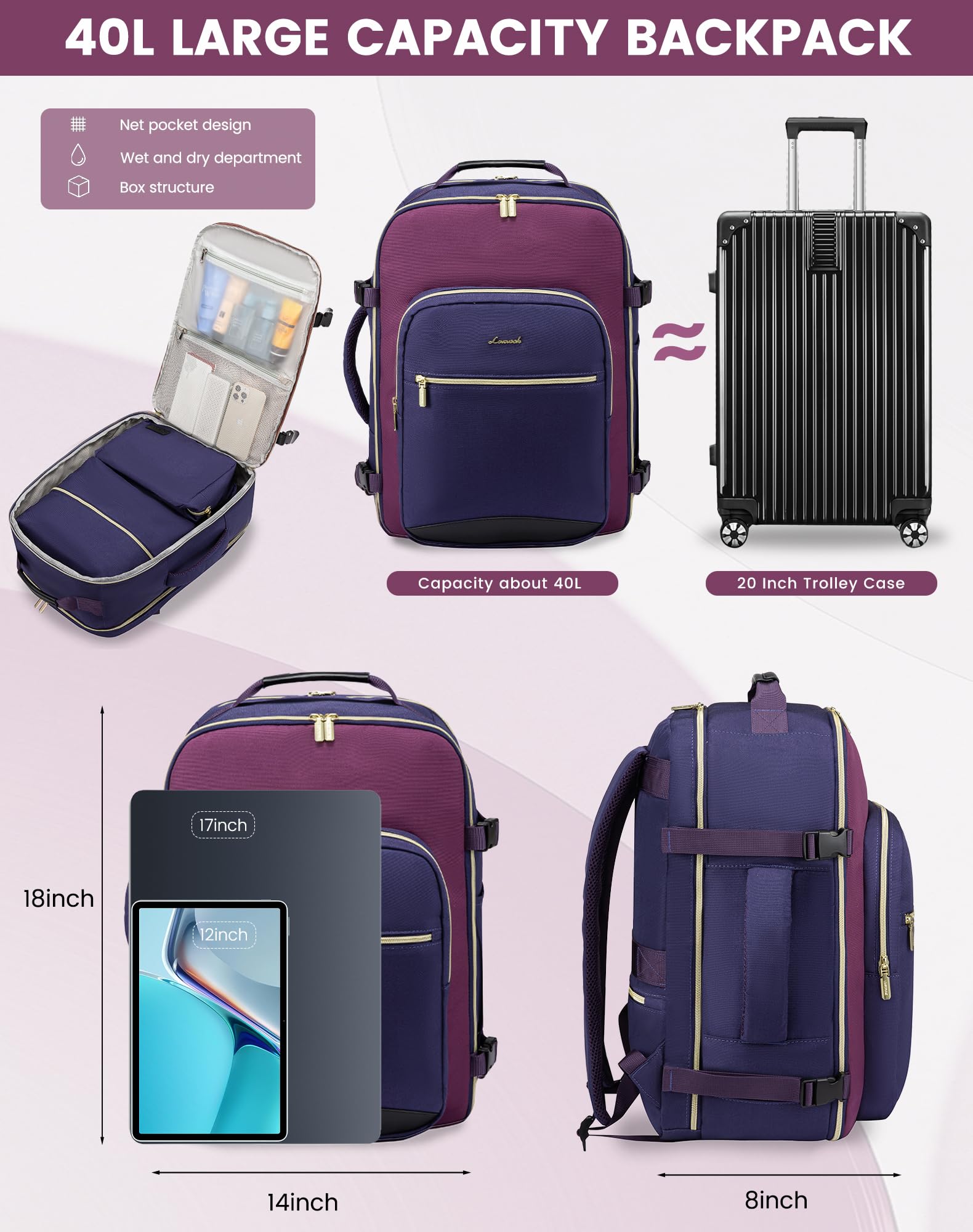 Foto 5 pulgar | Mochila De Viaje Lovevook 40l Impermeable Para Mujeres Y Hombres - Venta Internacional.