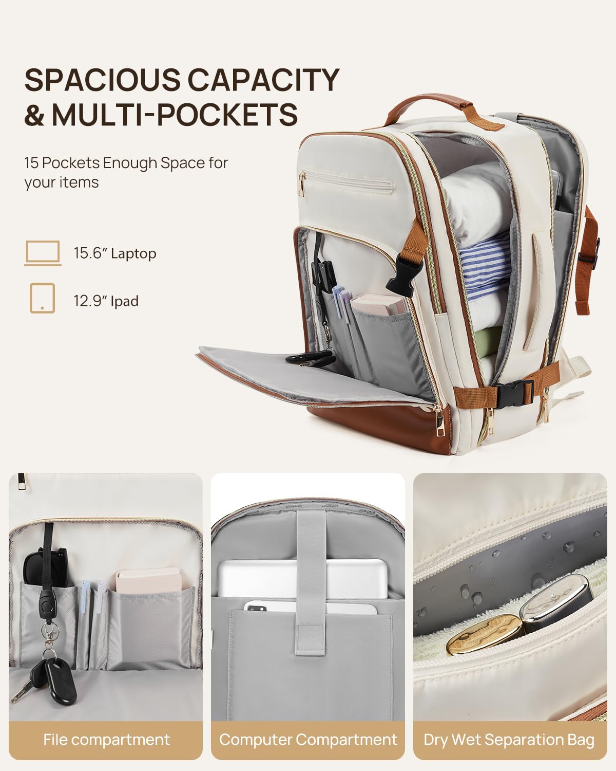 Foto 3 pulgar | Mochila De Viaje Telena Para Portátil De 15.6 Pulgadas Para Mujer Beige-marrón - Venta Internacional.
